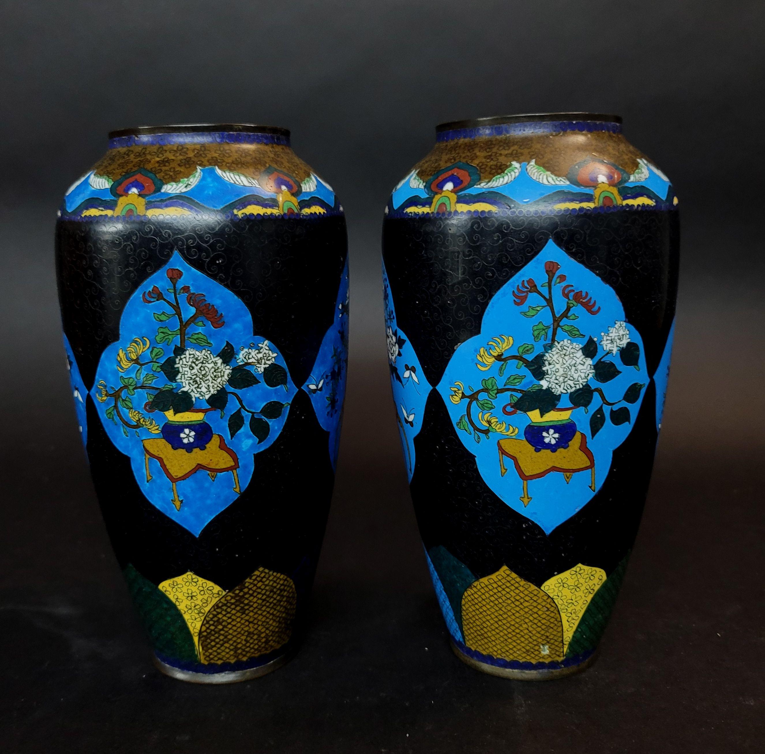 Matching Pair of Chinese Bronze Cloisonné Enameled Vases For Sale 3
