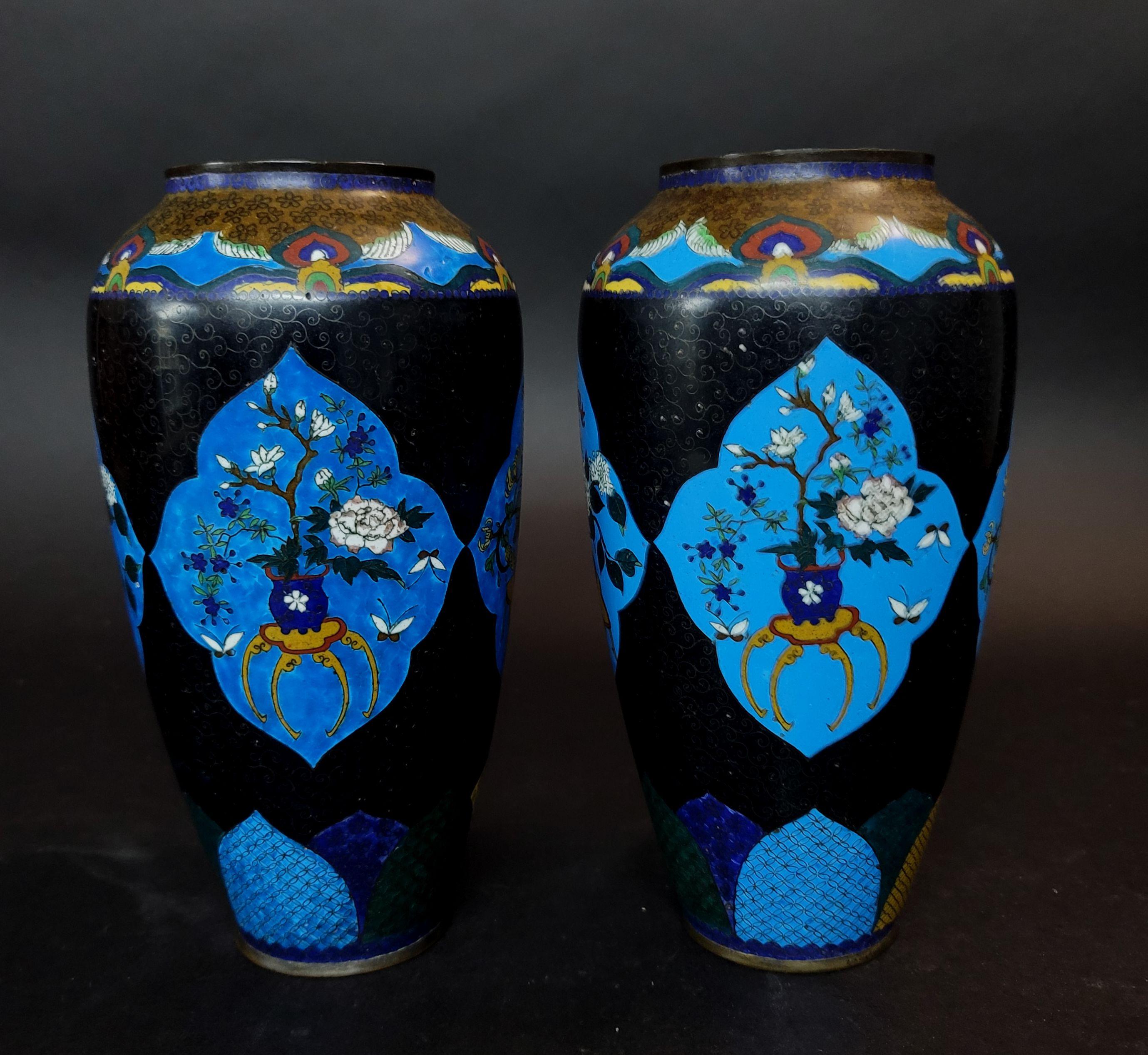 Matching Pair of Chinese Bronze Cloisonné Enameled Vases For Sale 4