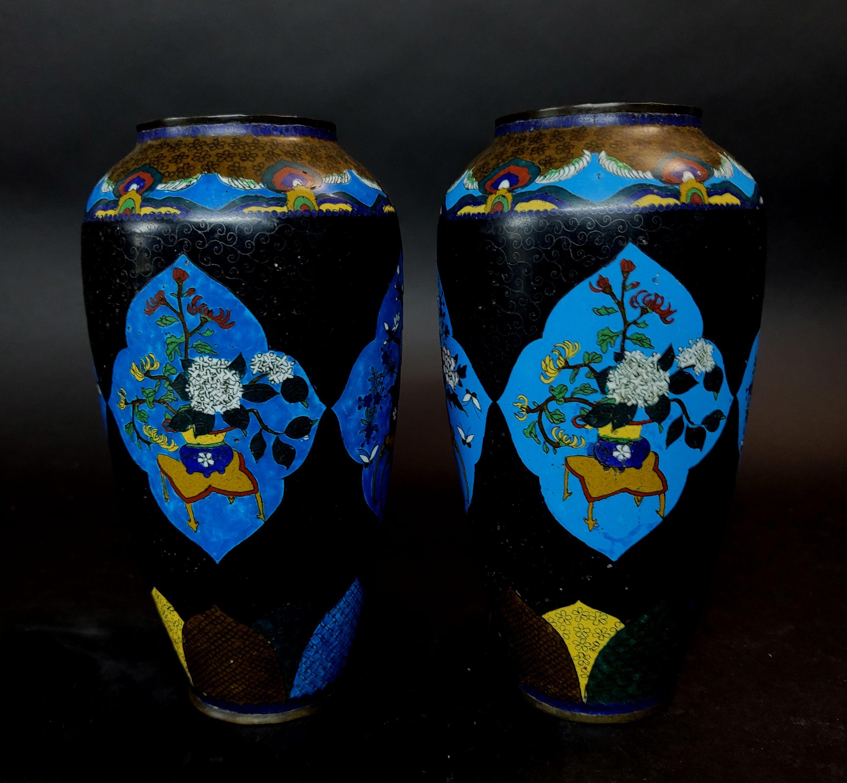 Matching Pair of Chinese Bronze Cloisonné Enameled Vases For Sale 5