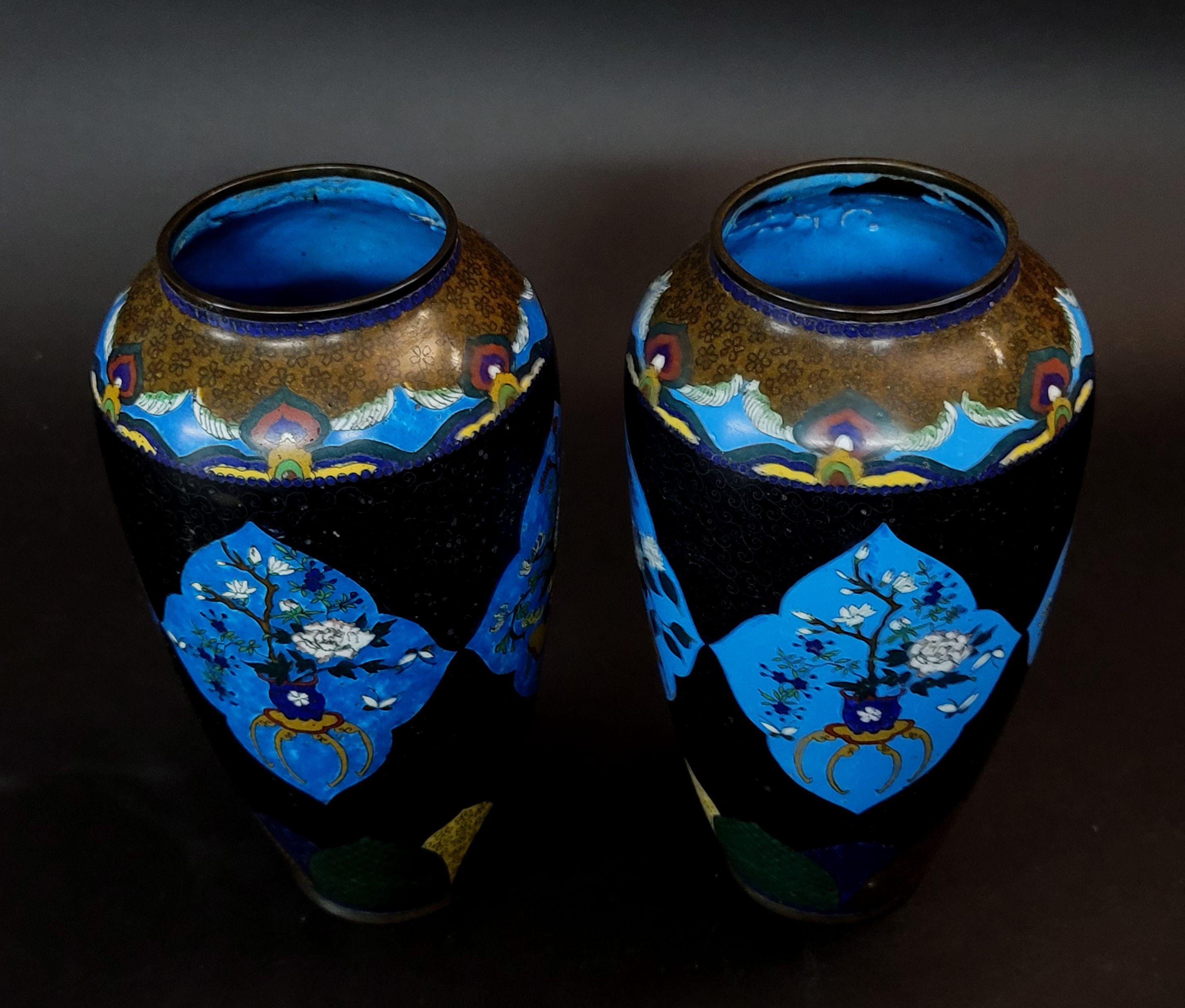 Matching Pair of Chinese Bronze Cloisonné Enameled Vases For Sale 2