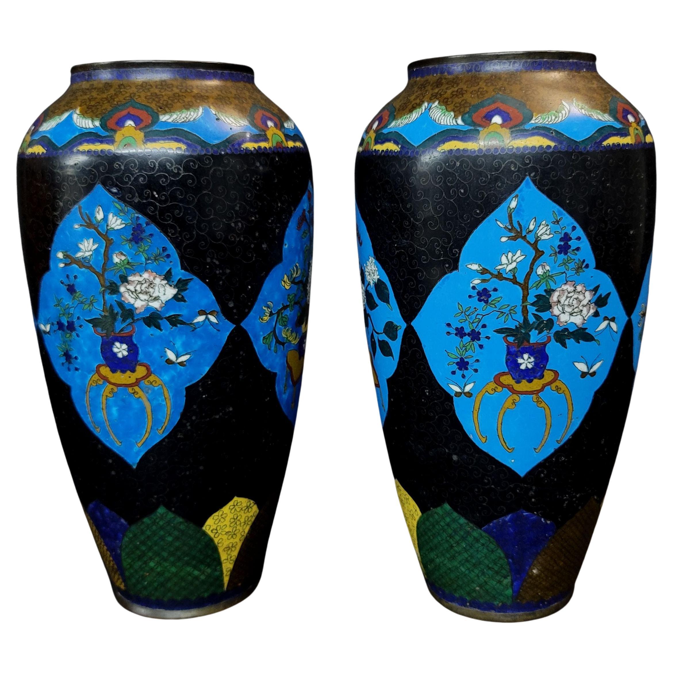 Matching Pair of Chinese Bronze Cloisonné Enameled Vases For Sale