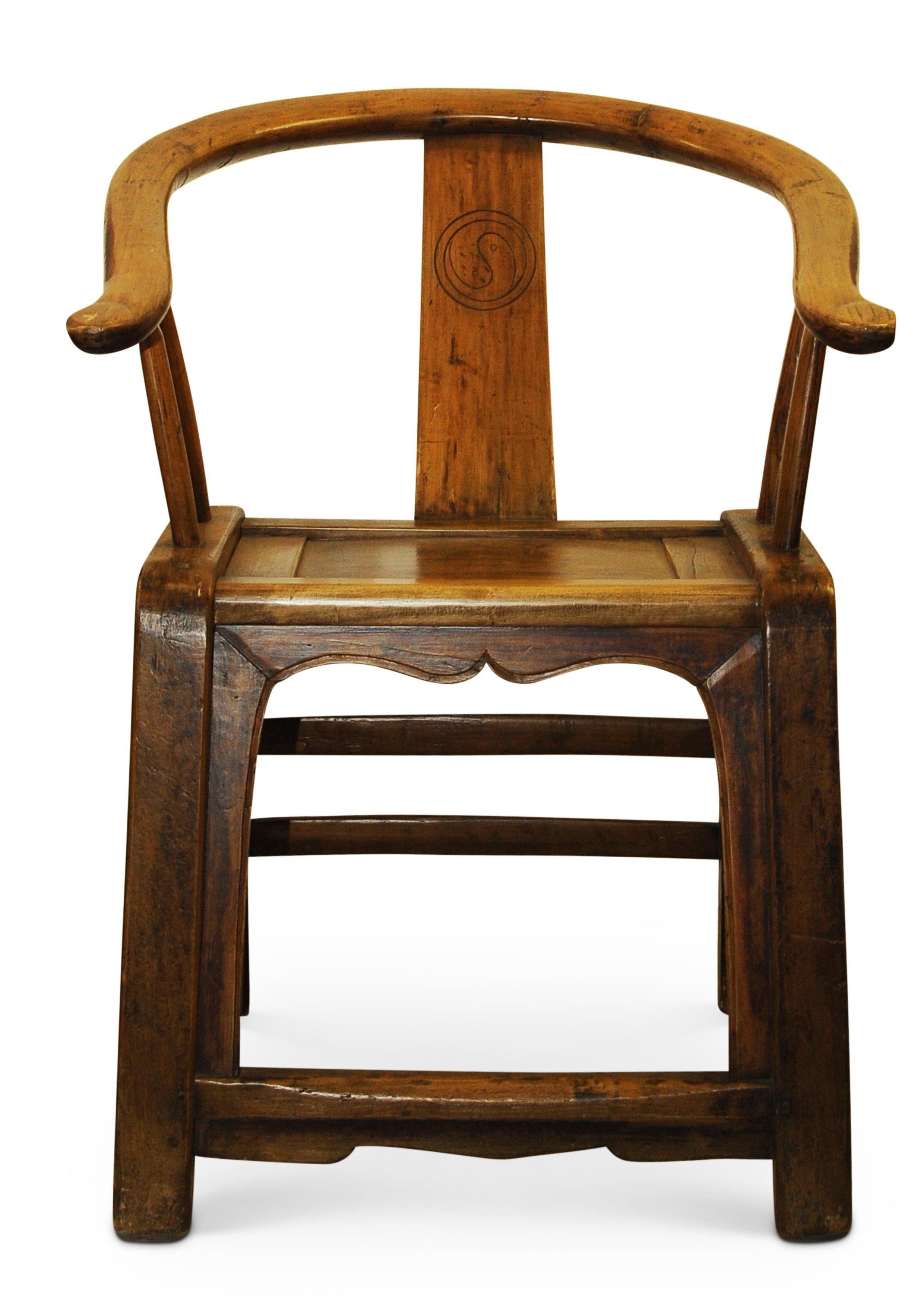 20th Century Matching Pair of Chinese Export Elm Wedding Chairs with Wishbone Backs For Sale