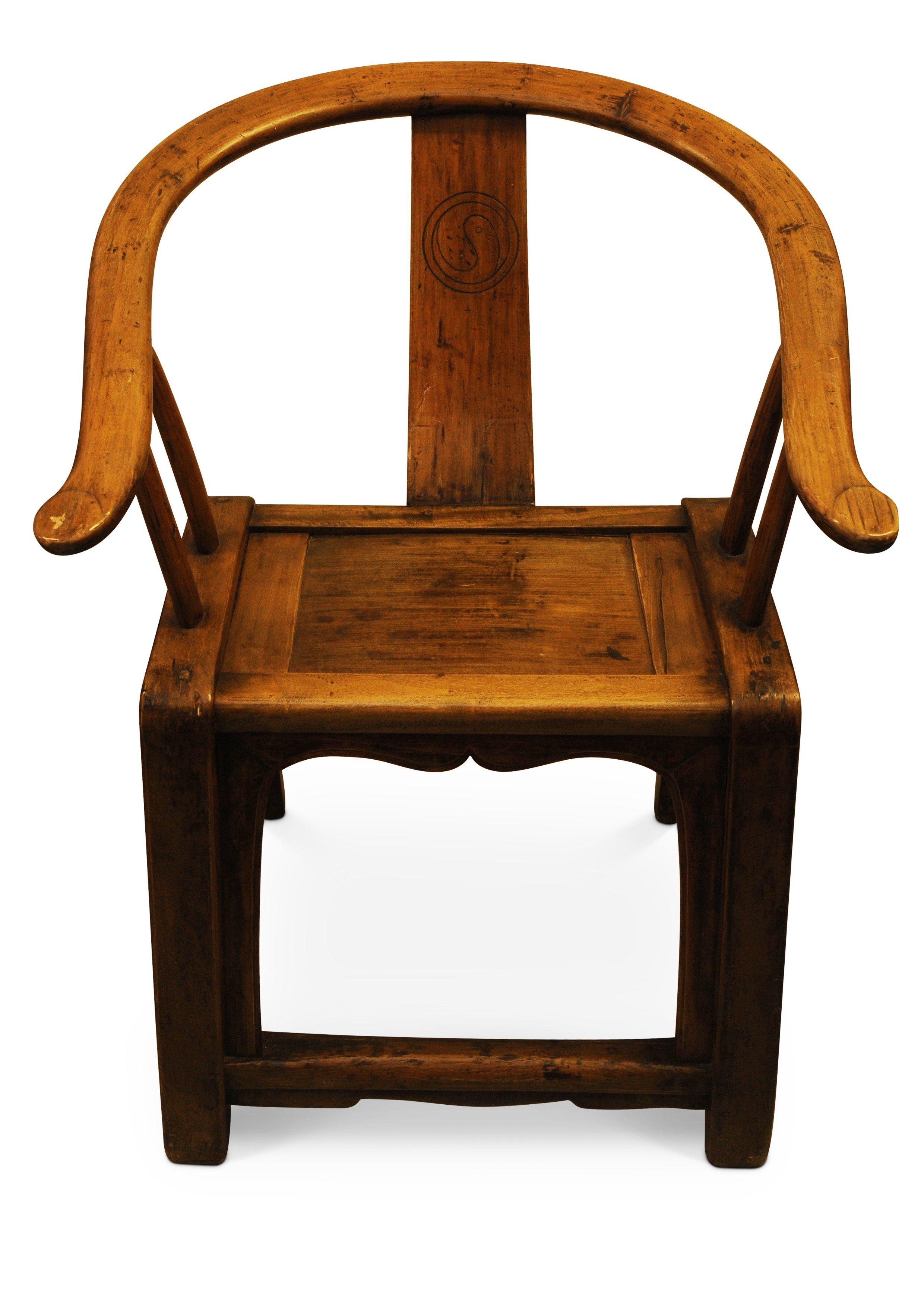 Matching Pair of Chinese Export Elm Wedding Chairs with Wishbone Backs For Sale 1