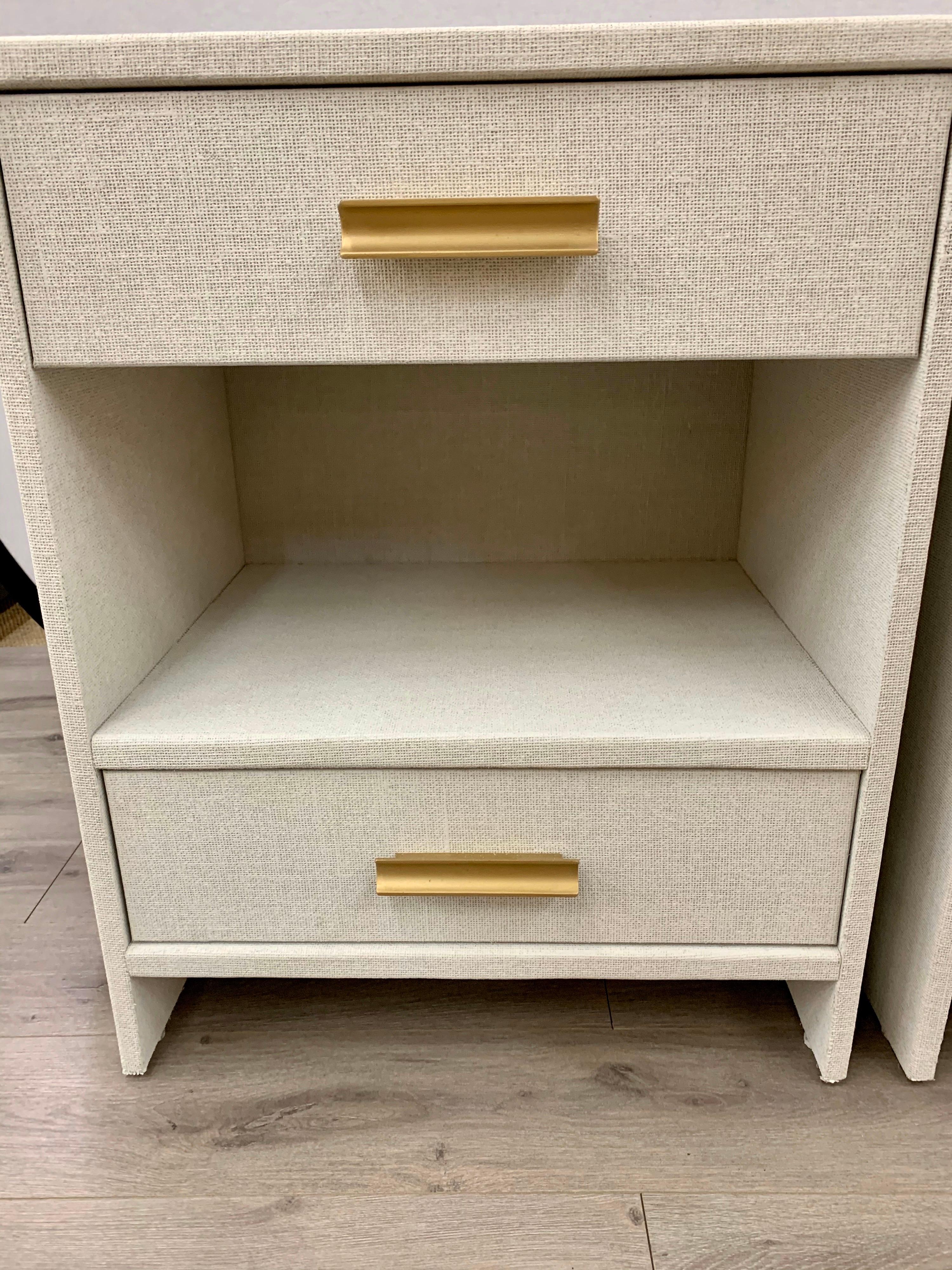 Brass Matching Pair of Custom Linen Wrapped Two-Drawer Nightstands