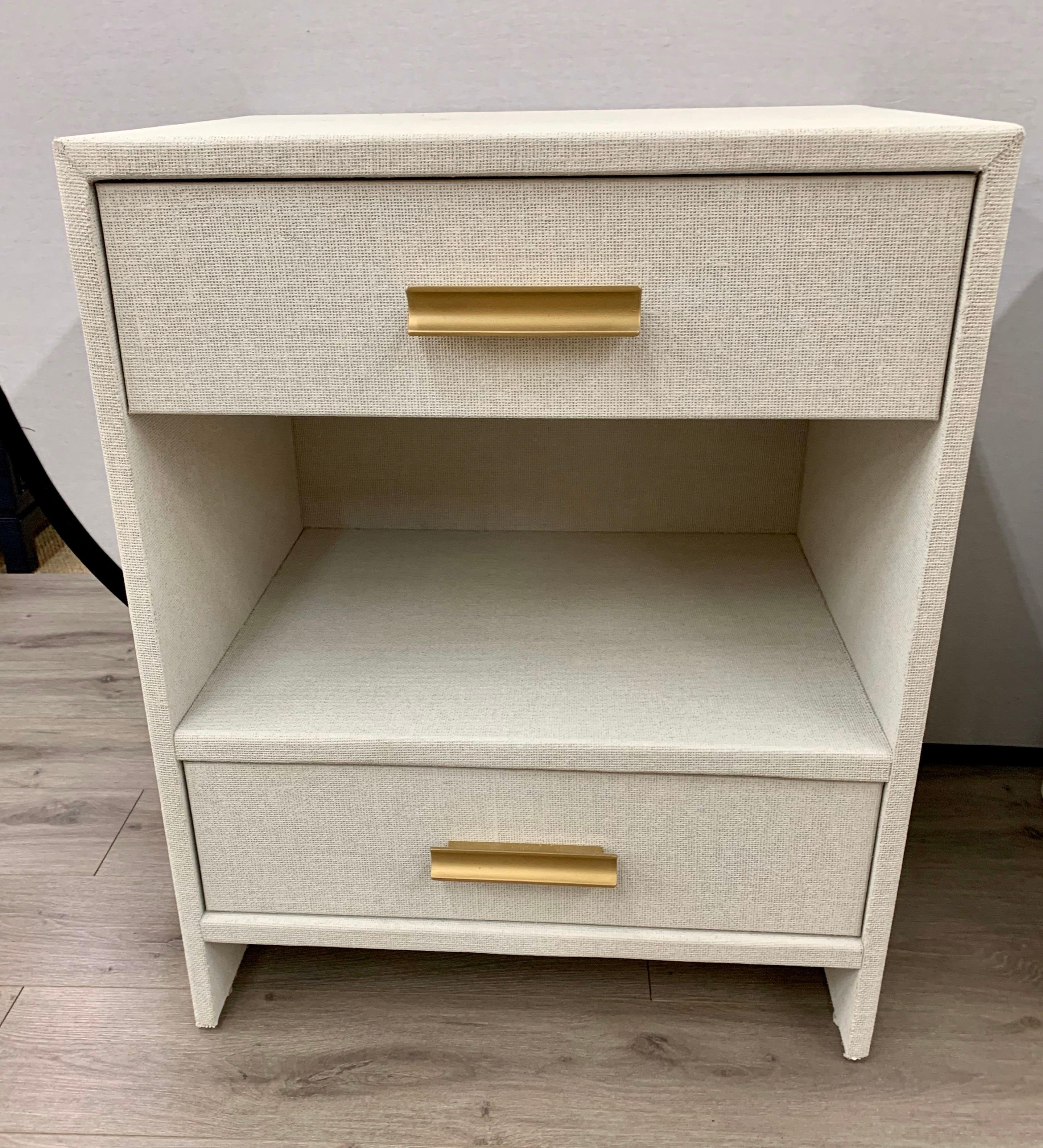 Matching Pair of Custom Linen Wrapped Two-Drawer Nightstands 1
