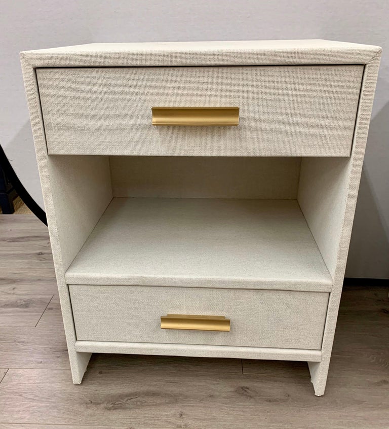 Matching Pair of Custom Linen Wrapped TwoDrawer Nightstands For Sale