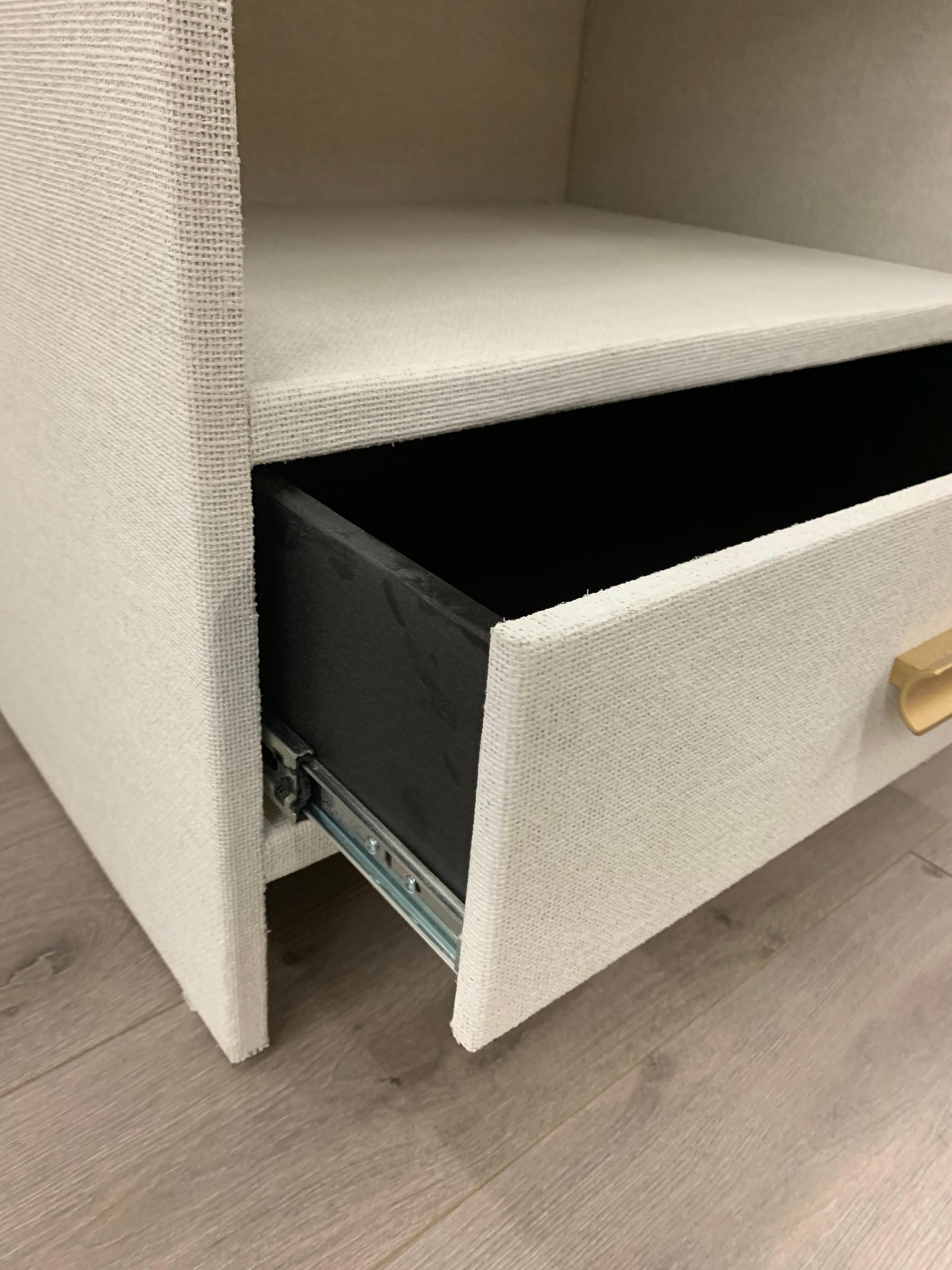 American Matching Pair of Custom Linen Wrapped Two-Drawer Nightstands