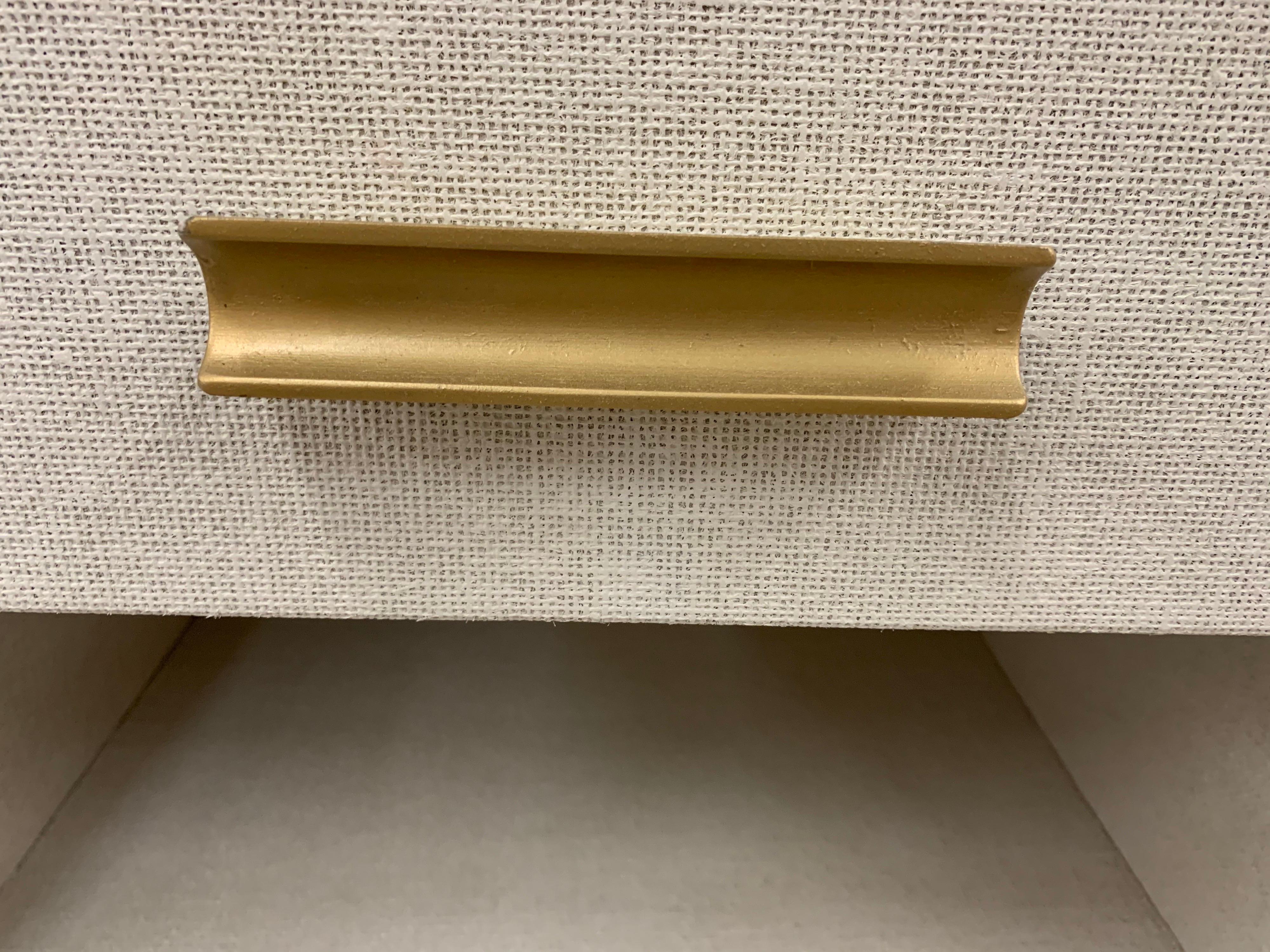 Matching Pair of Custom Linen Wrapped Two-Drawer Nightstands In Excellent Condition In West Hartford, CT