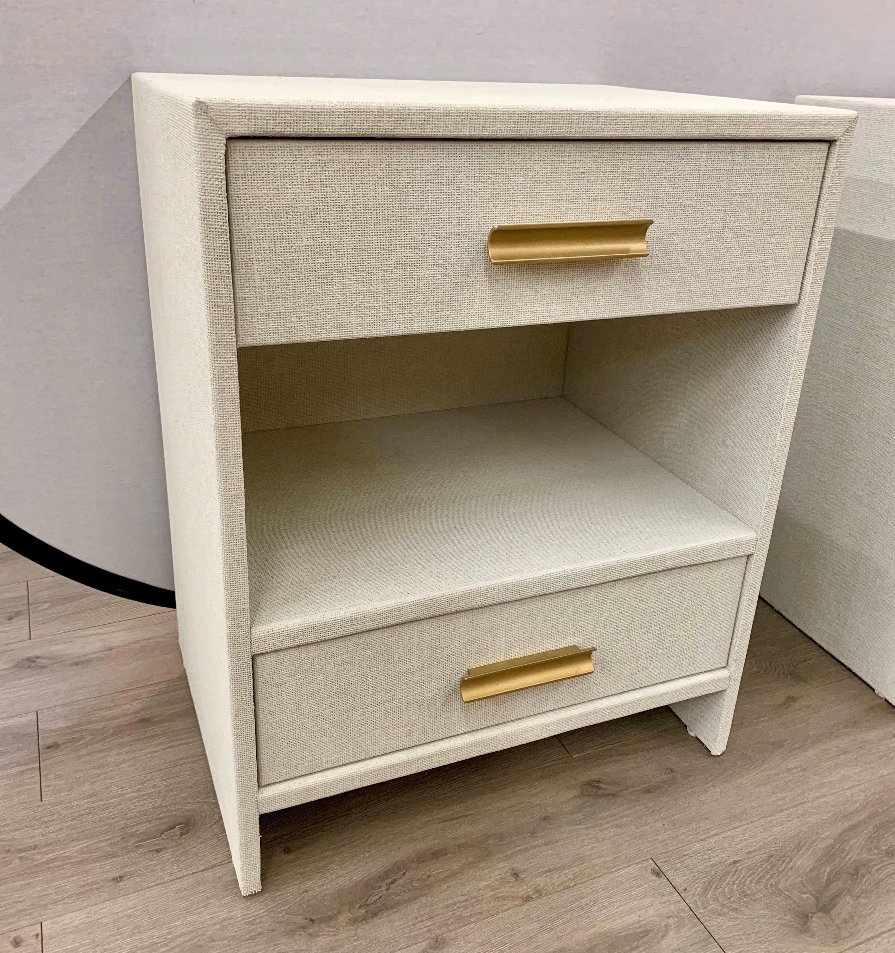 Contemporary Matching Pair of Custom Linen Wrapped Two-Drawer Nightstands