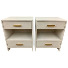 Matching Pair of Custom Linen Wrapped Two-Drawer Nightstands