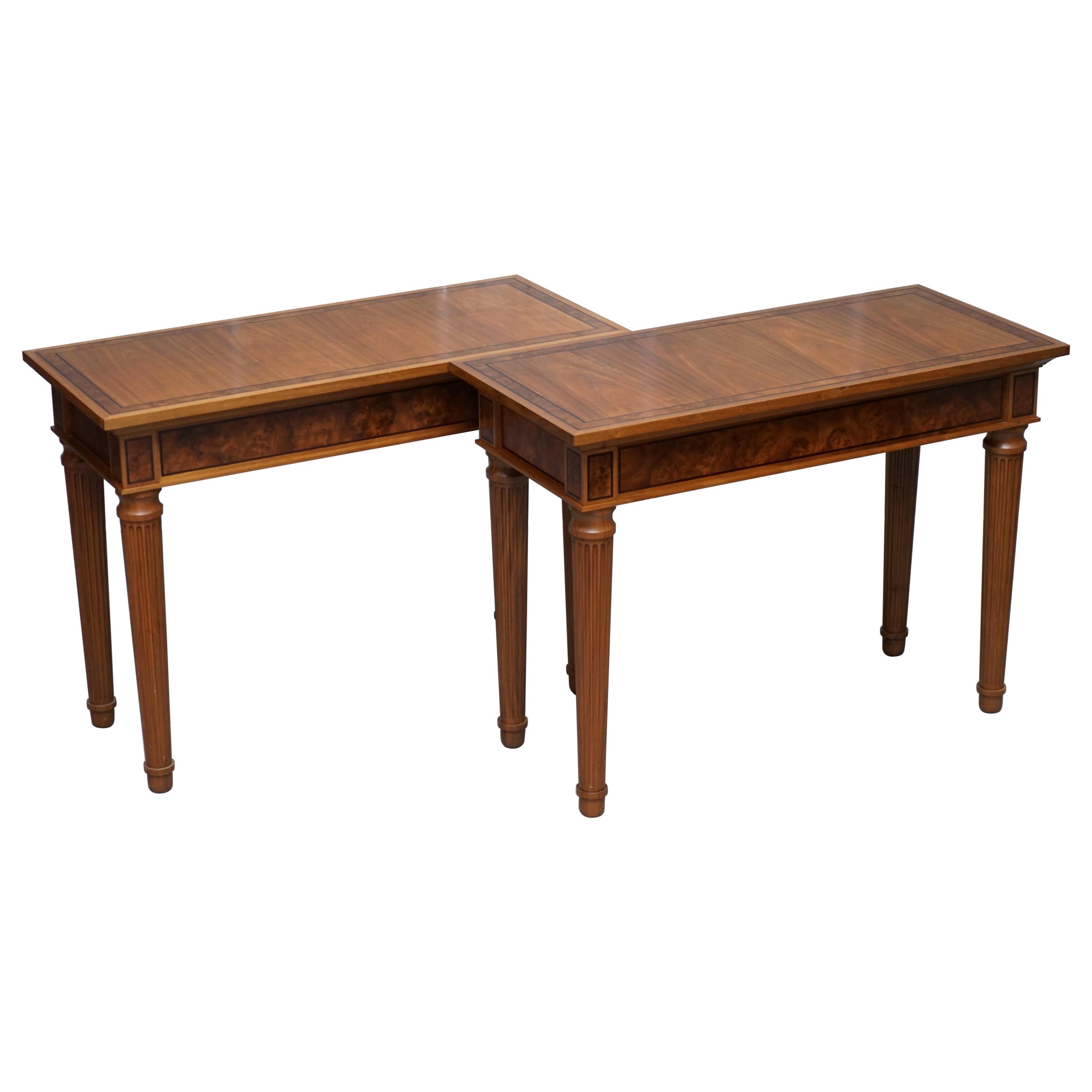 Matching Pair of David Linley 1993 Stamped Burr Walnut Console Tables 2 For Sale