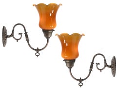 Matching Pair of Decorative Amber Over Milk Glass Tulip Sconces