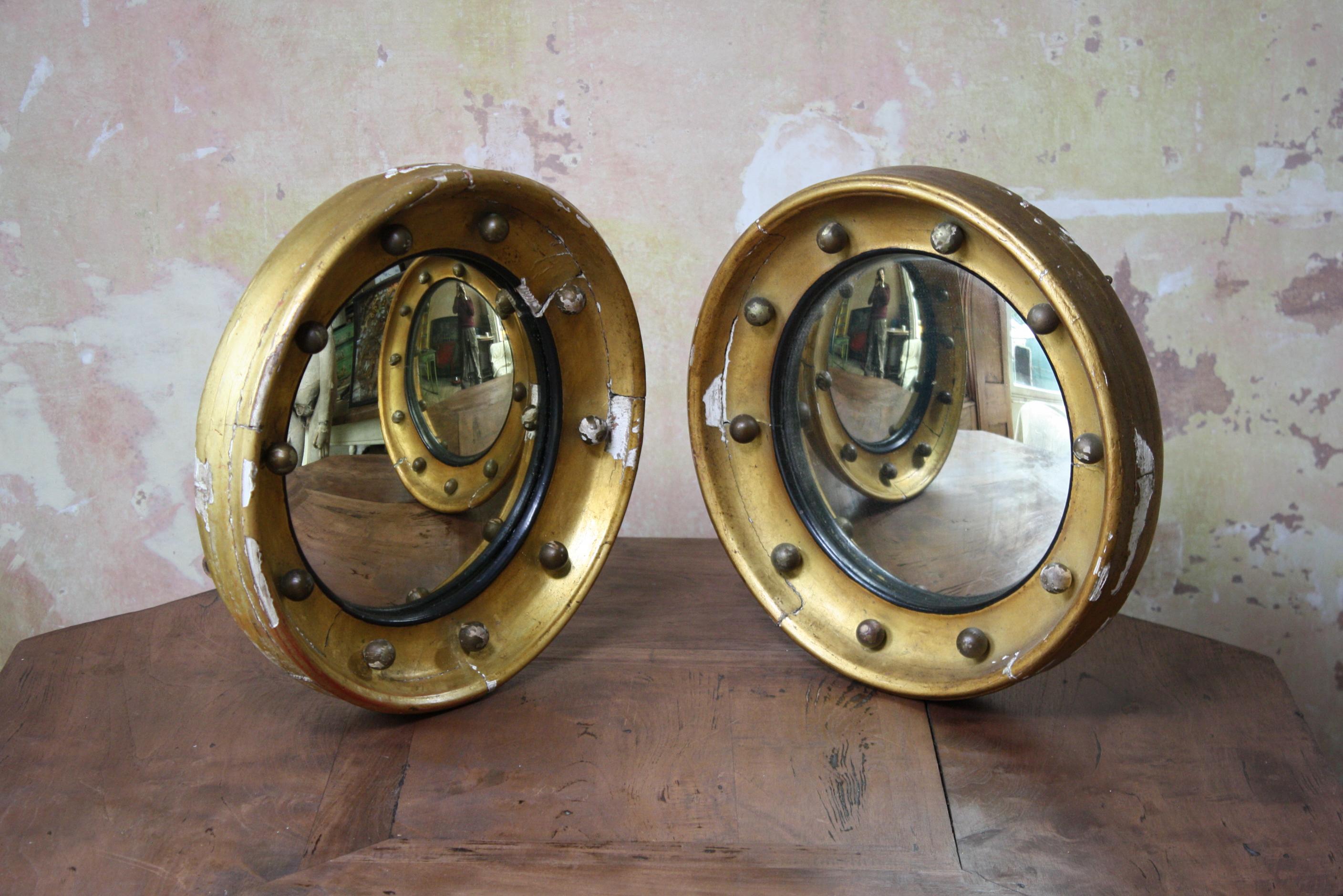 19th Century Matching Pair of Early 19th C English Country House Giltwood Convex Mirrors