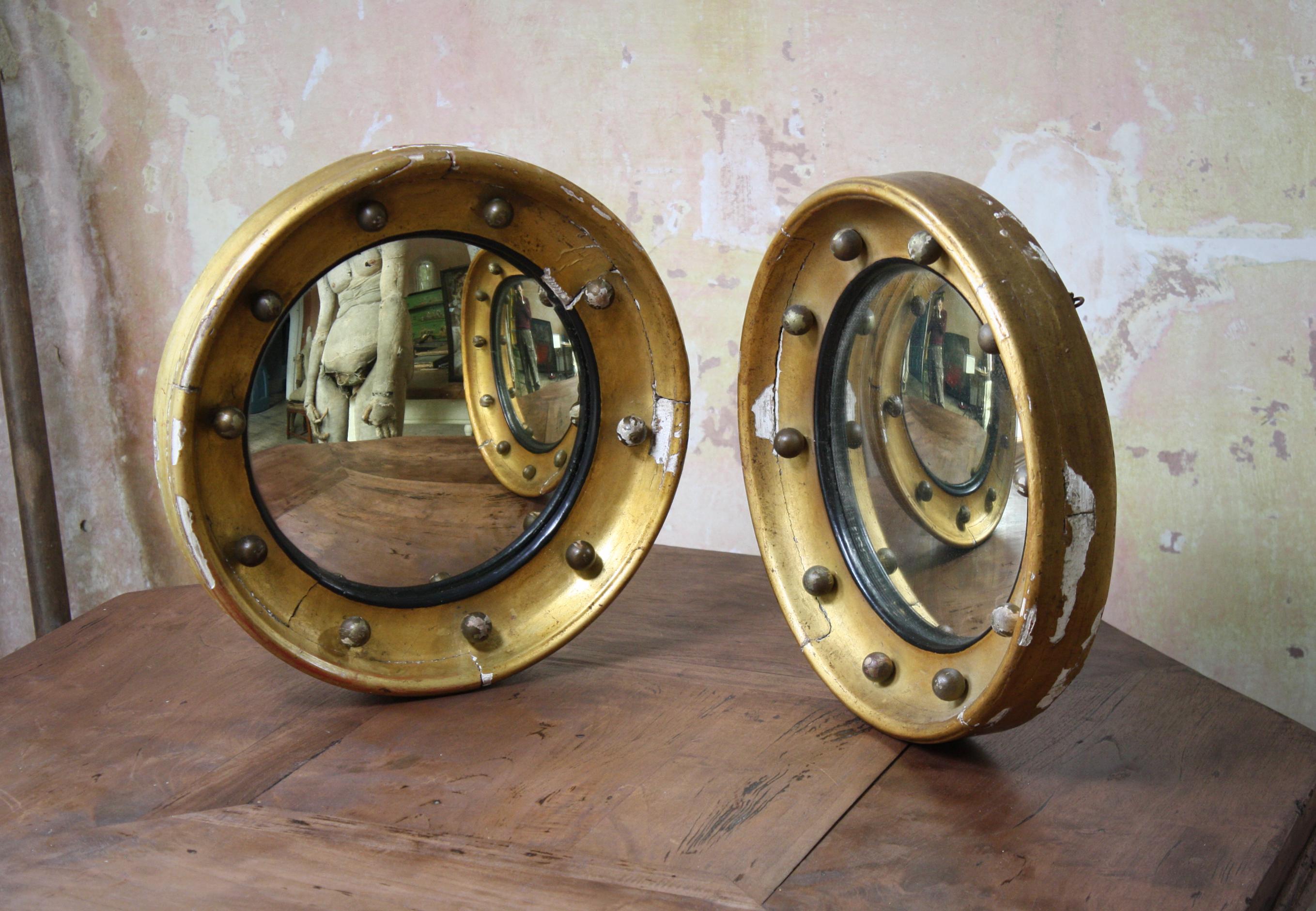 Matching Pair of Early 19th C English Country House Giltwood Convex Mirrors 1