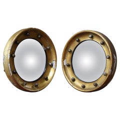 Matching Pair of Early 19th C English Country House Giltwood Convex Mirrors