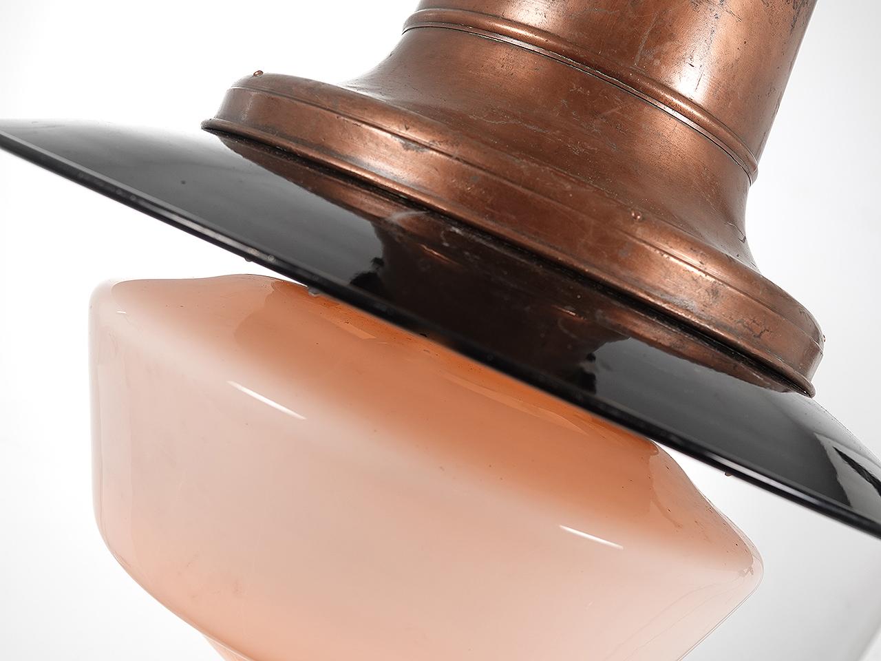 Industrial Matching Pair of Early Copper, Cast Iron and Milk Glass Street Lights