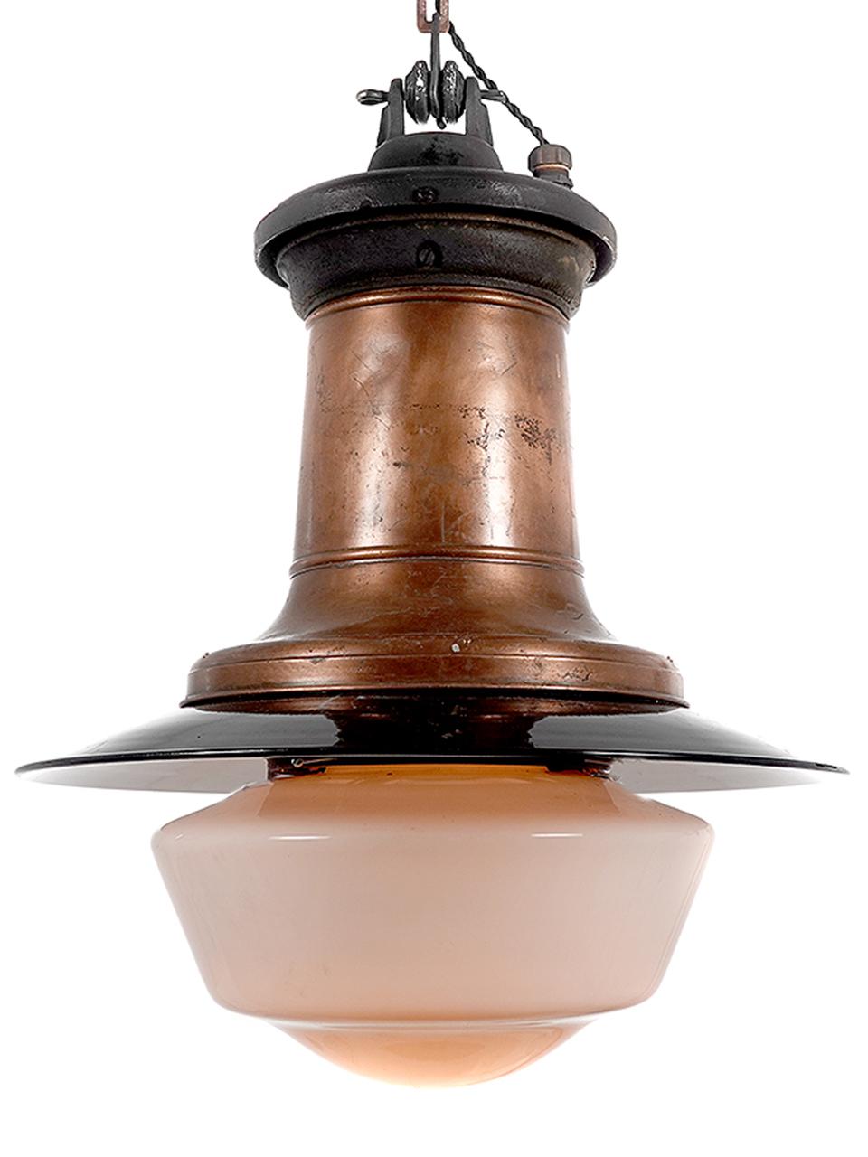 American Matching Pair of Early Copper, Cast Iron and Milk Glass Street Lights