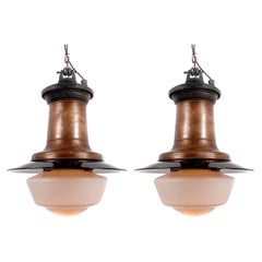 Matching Pair of Early Copper, Cast Iron and Milk Glass Street Lights