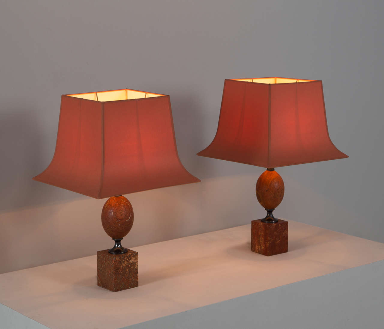 Mid-Century Modern Matching Pair of Elegant Lights by Maison Barbier in Rare Red Travertine