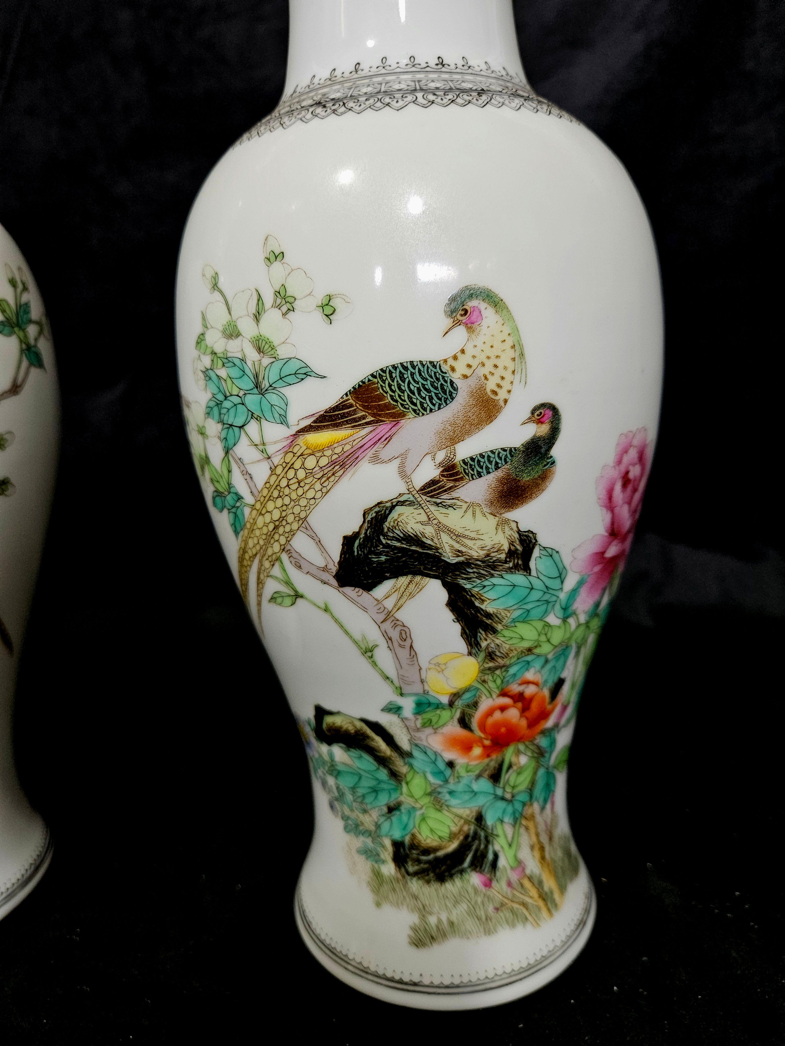 Matching Pair of Famille Rose Chinese Famille Rose Porcelain Vases, Signed In Excellent Condition For Sale In Norton, MA