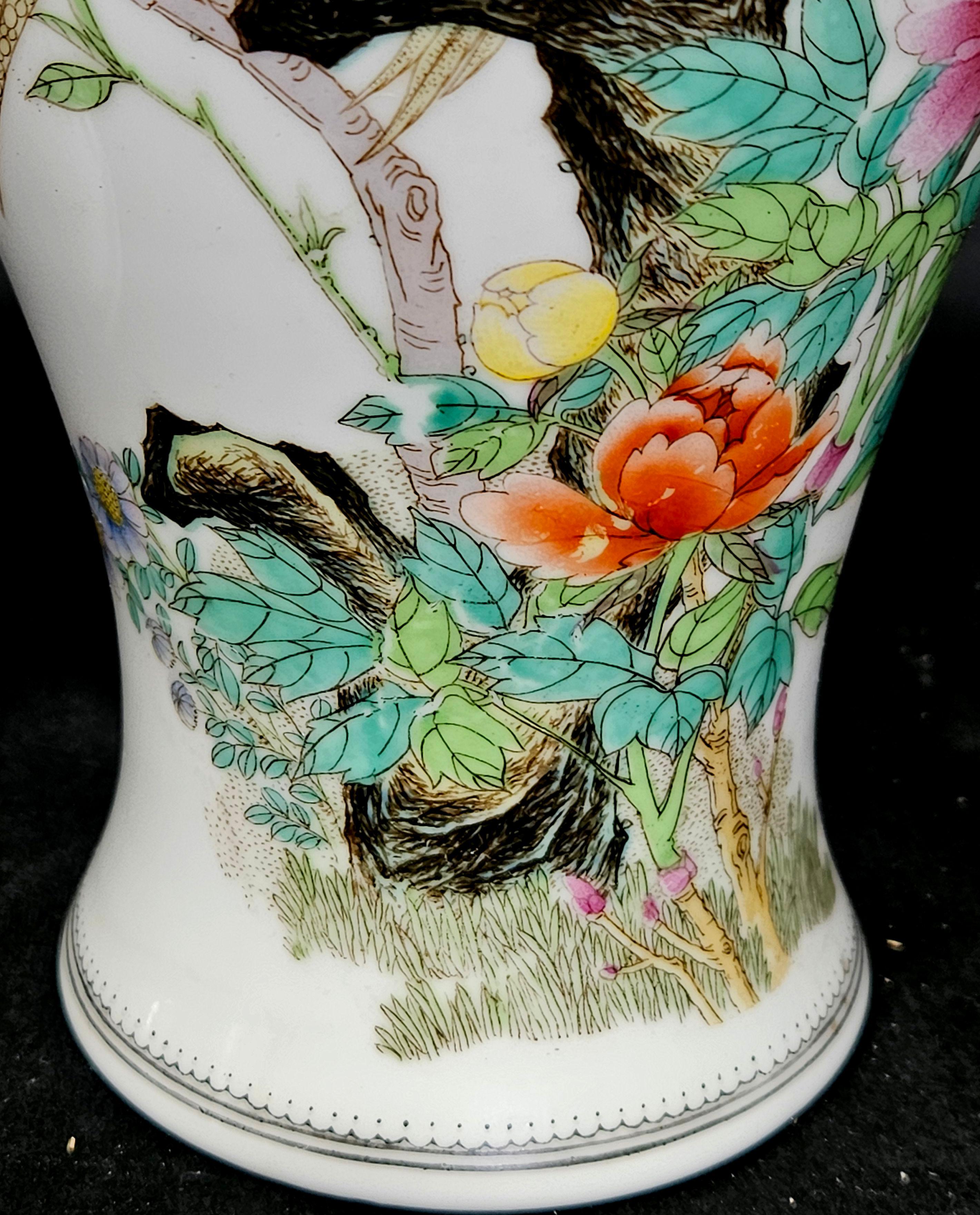 20th Century Matching Pair of Famille Rose Chinese Famille Rose Porcelain Vases, Signed For Sale