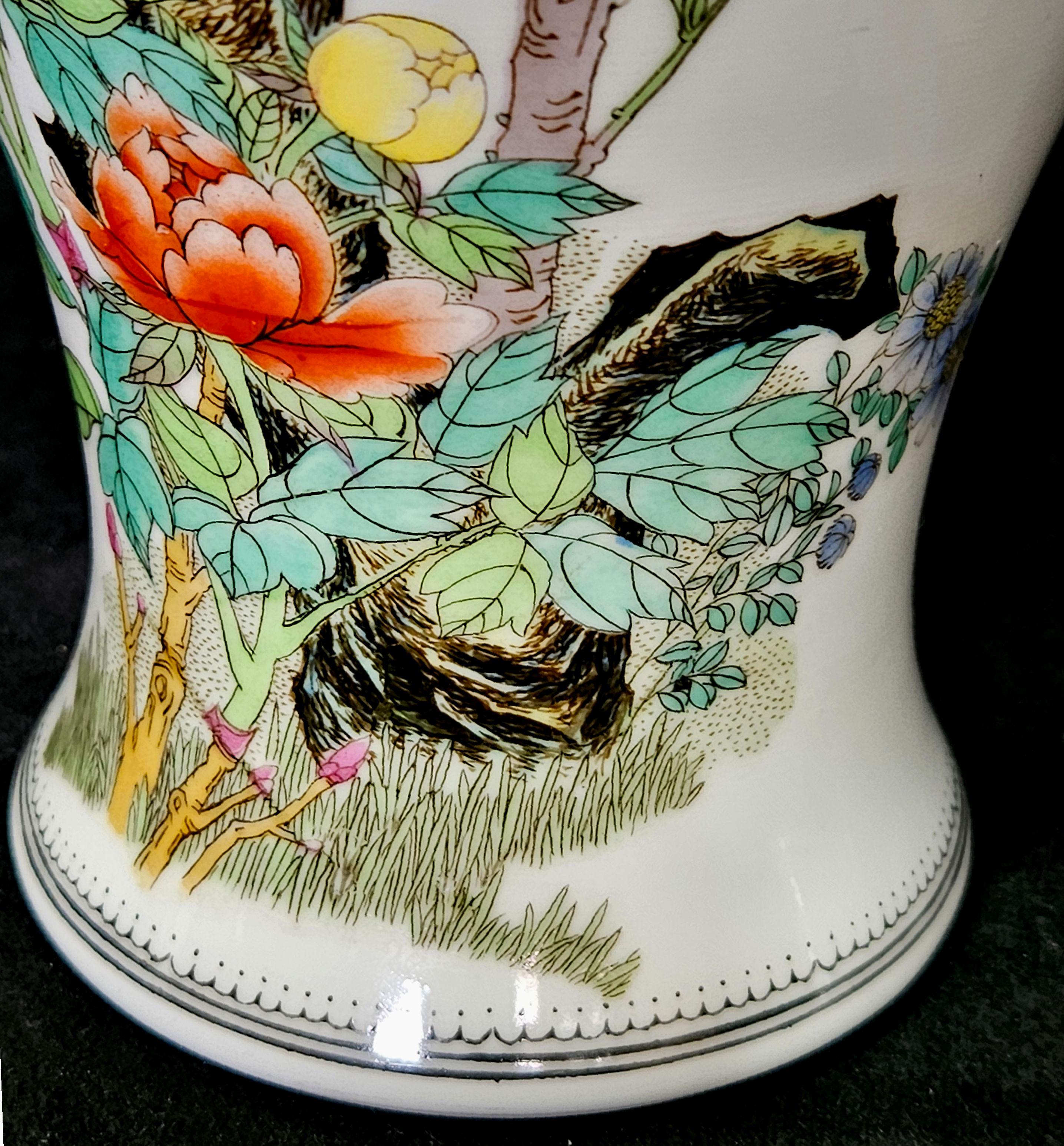 Matching Pair of Famille Rose Chinese Famille Rose Porcelain Vases, Signed For Sale 1