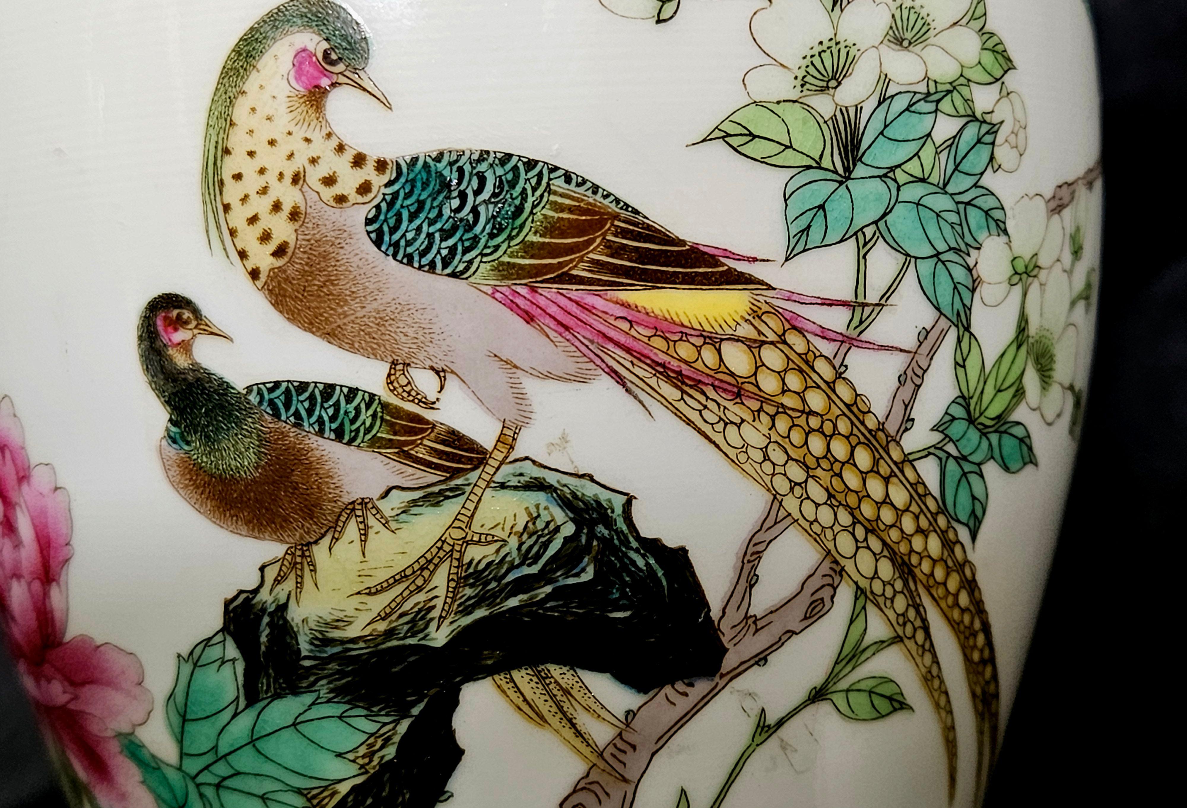 Matching Pair of Famille Rose Chinese Famille Rose Porcelain Vases, Signed For Sale 2