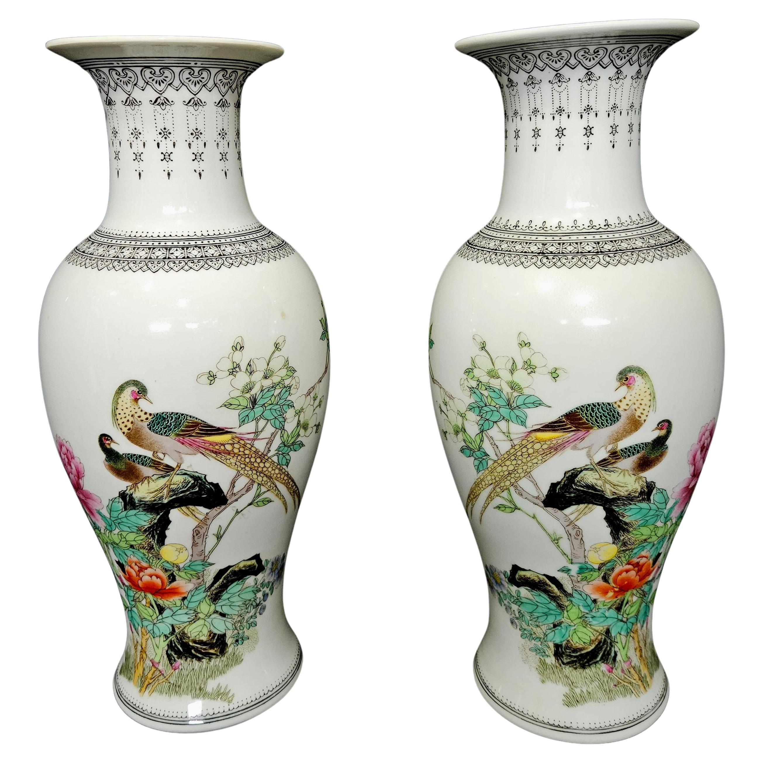 Matching Pair of Famille Rose Chinese Famille Rose Porcelain Vases, Signed
