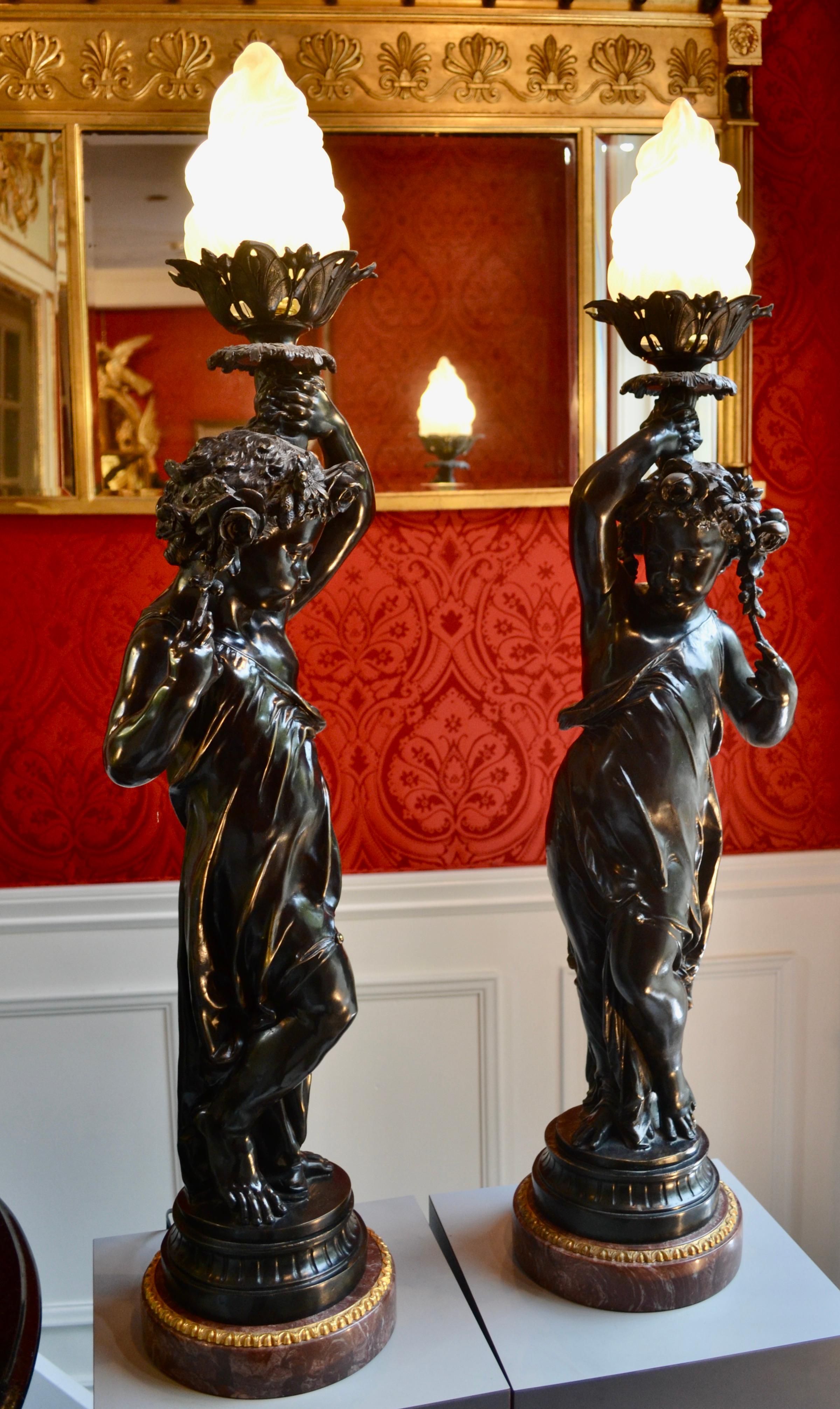 Matching Pair of Figural Patinated Bronze Flame Torcheres after Clodion For Sale 2