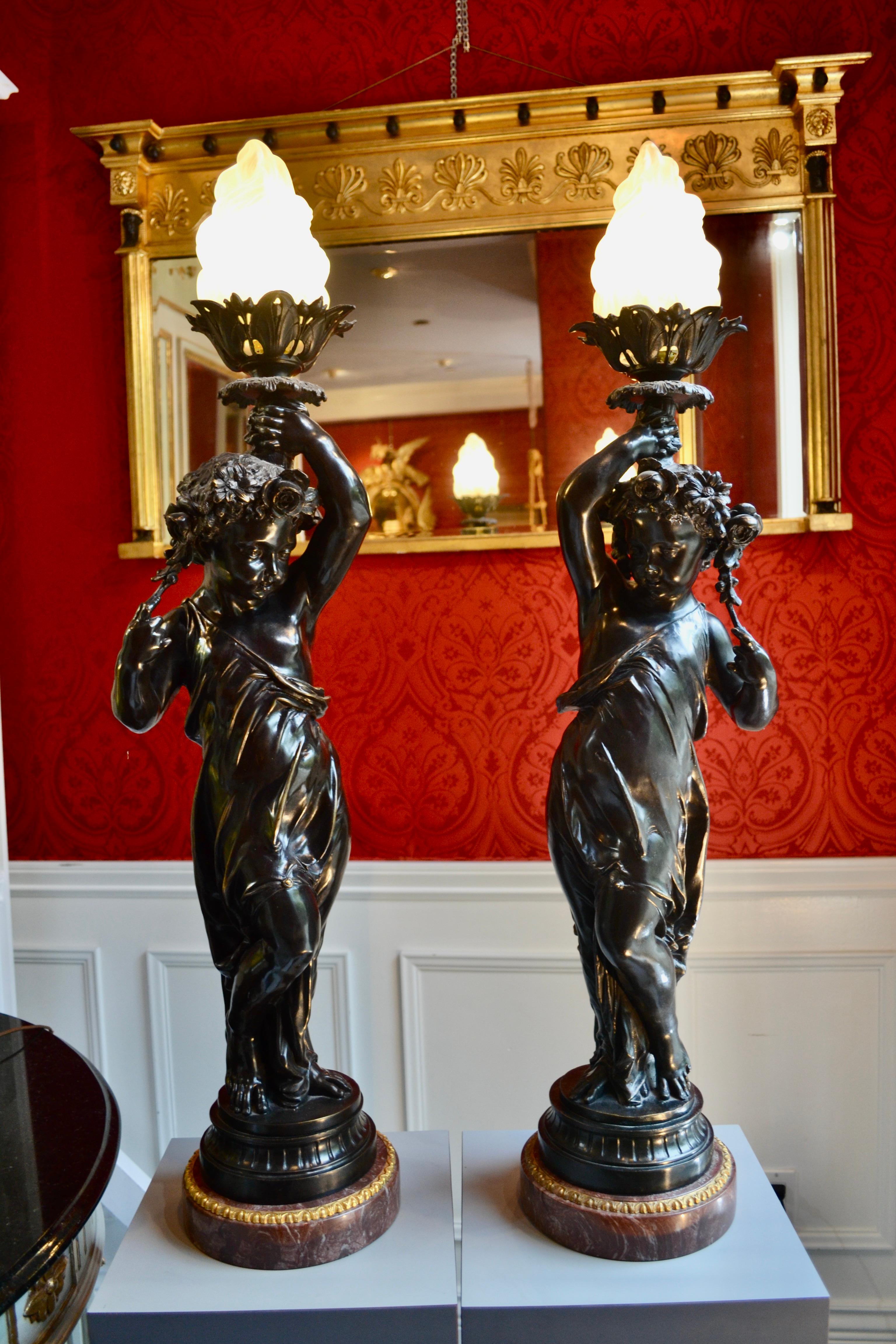 Matching Pair of Figural Patinated Bronze Flame Torcheres after Clodion For Sale 3