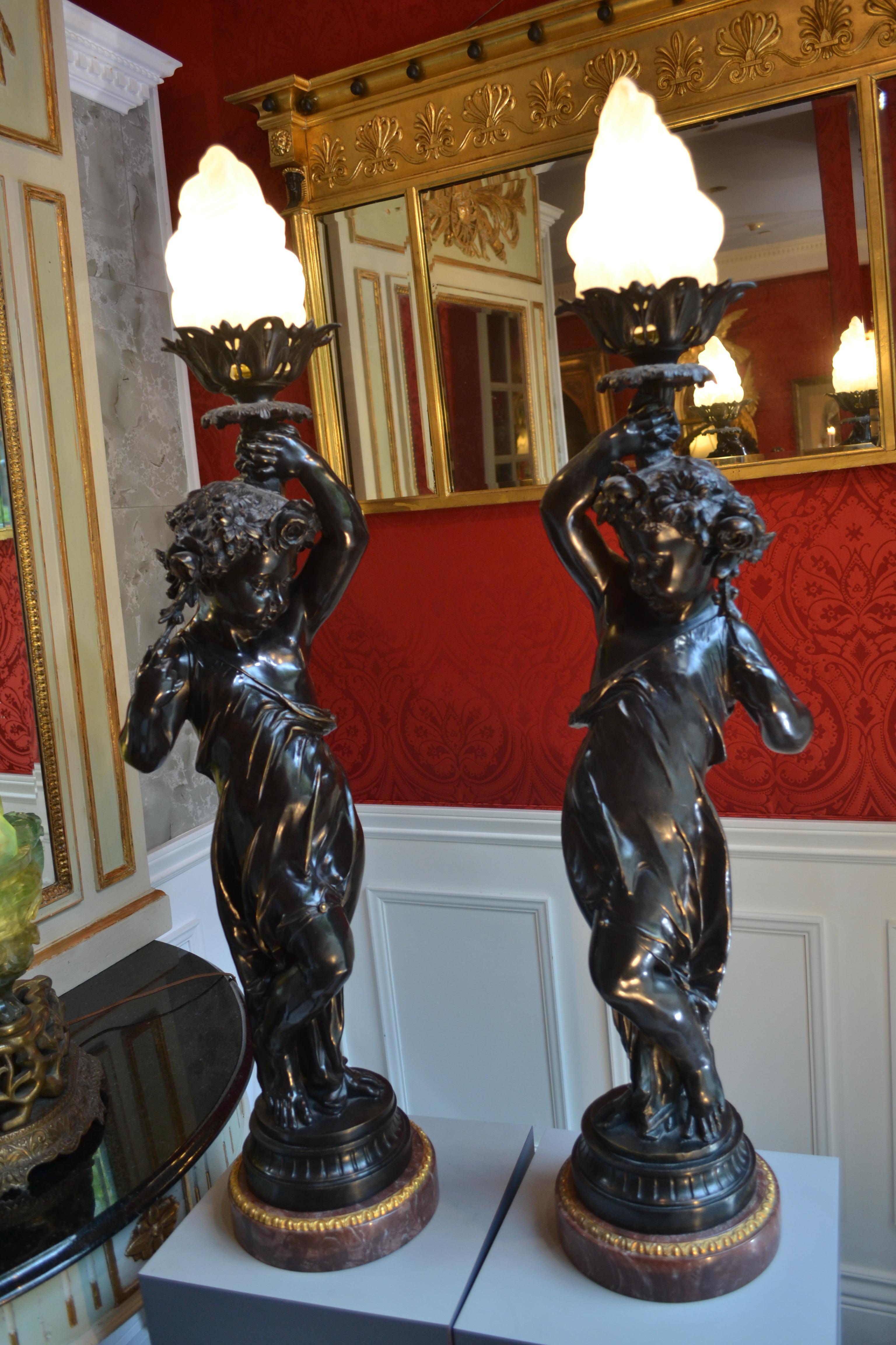 Matching Pair of Figural Patinated Bronze Flame Torcheres after Clodion For Sale 4