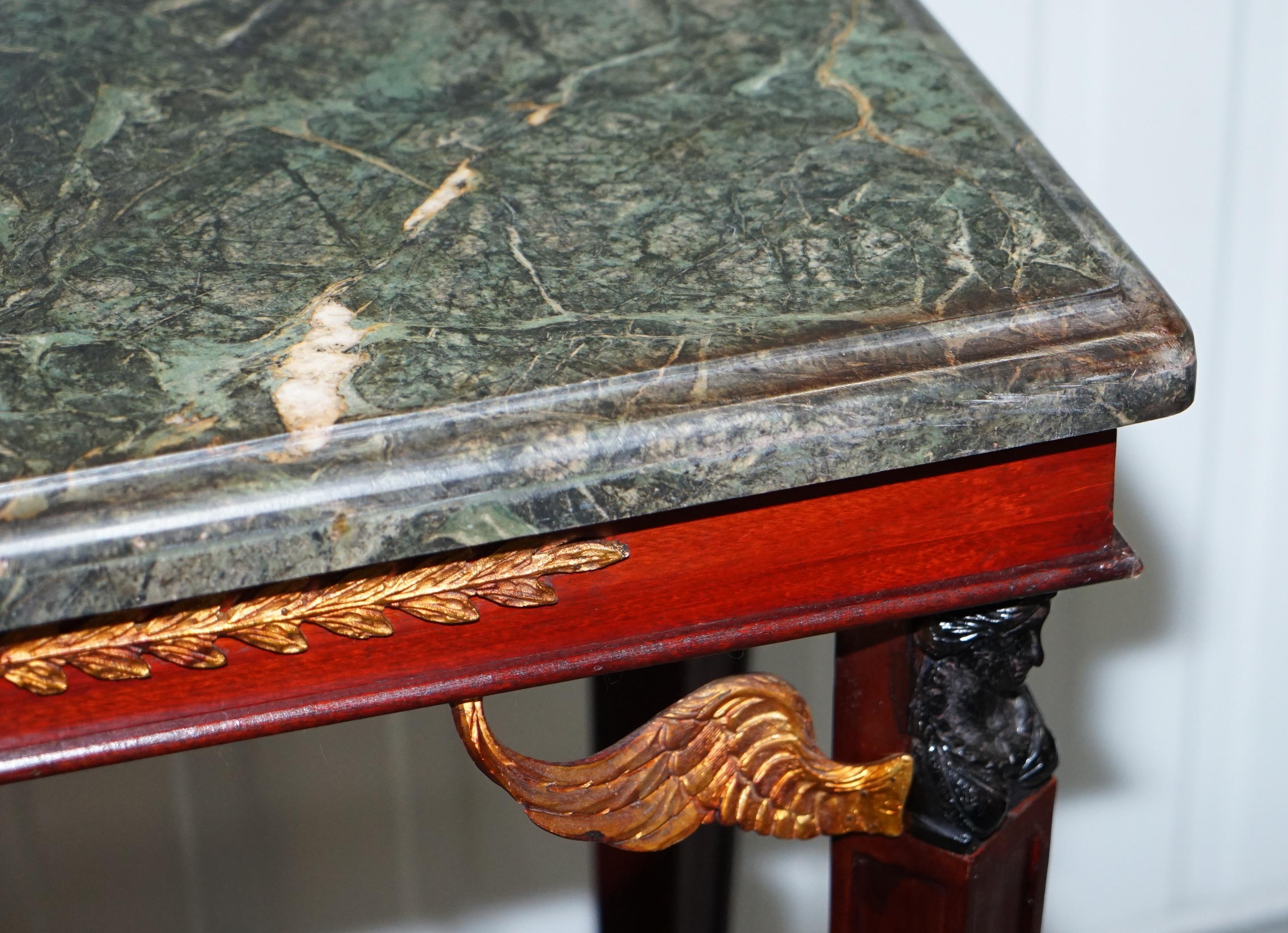Matching Pair of French Empire Style Console Tables Solid Green Marble Tops 1