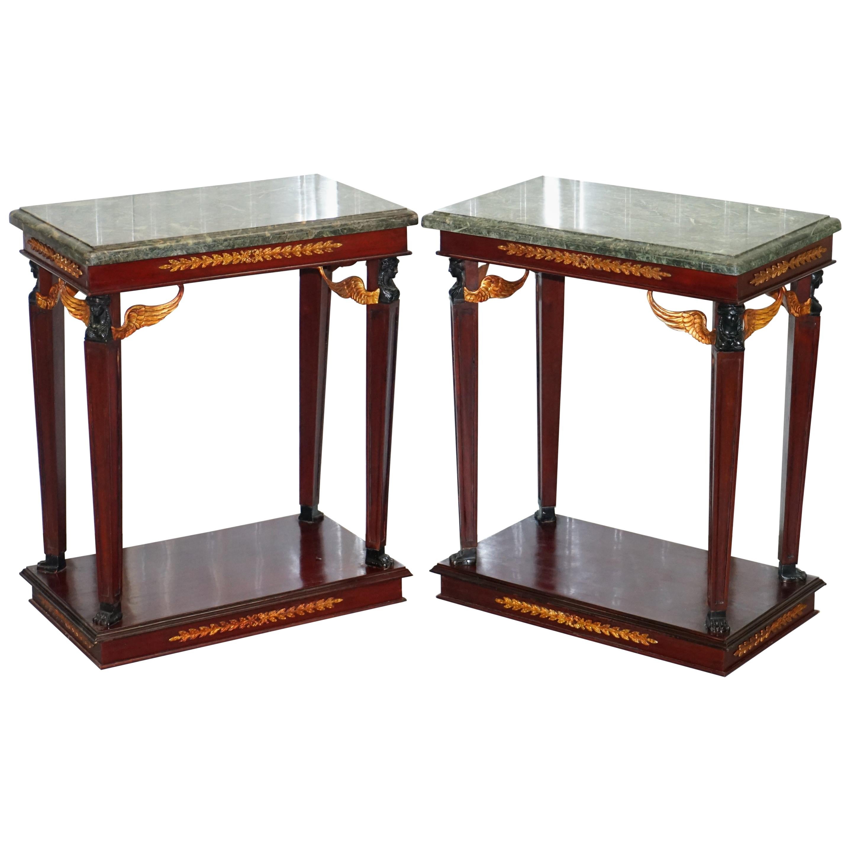 Matching Pair of French Empire Style Console Tables Solid Green Marble Tops