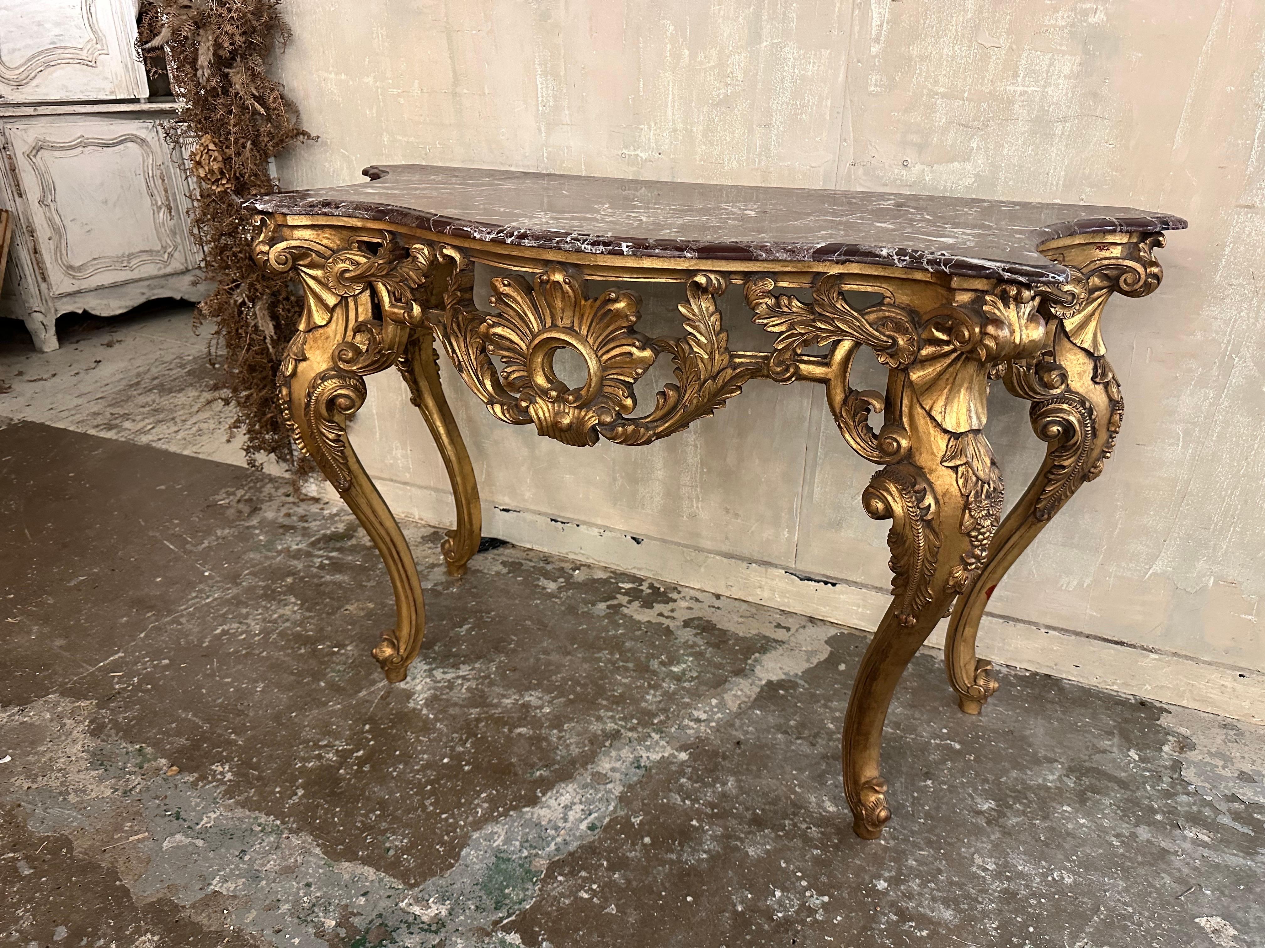 Marble Matching pair, of French Louis XV gilt wood marble top console tables  For Sale