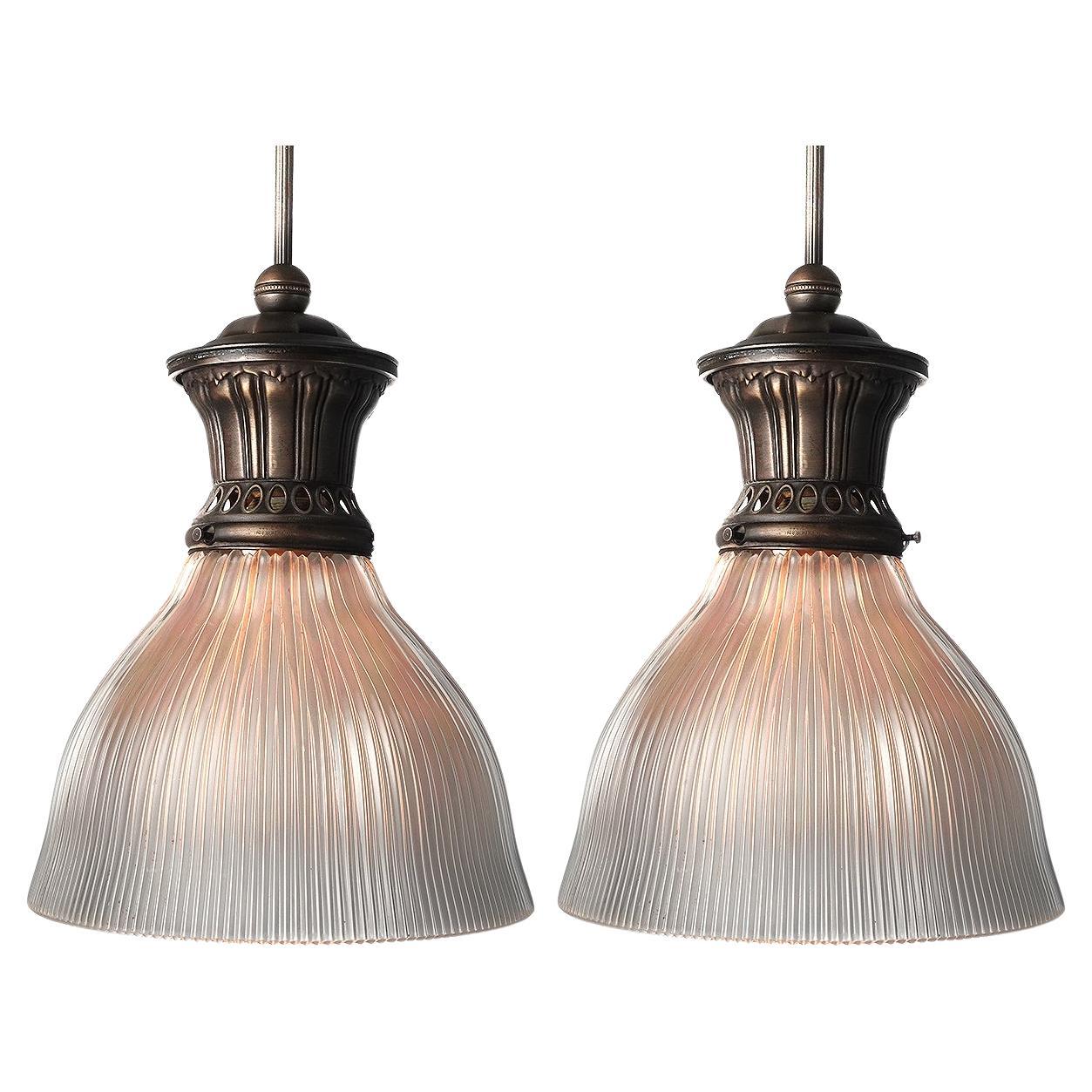 Matching Pair of Frosted Bell Prismatic Welsbach Lamps For Sale