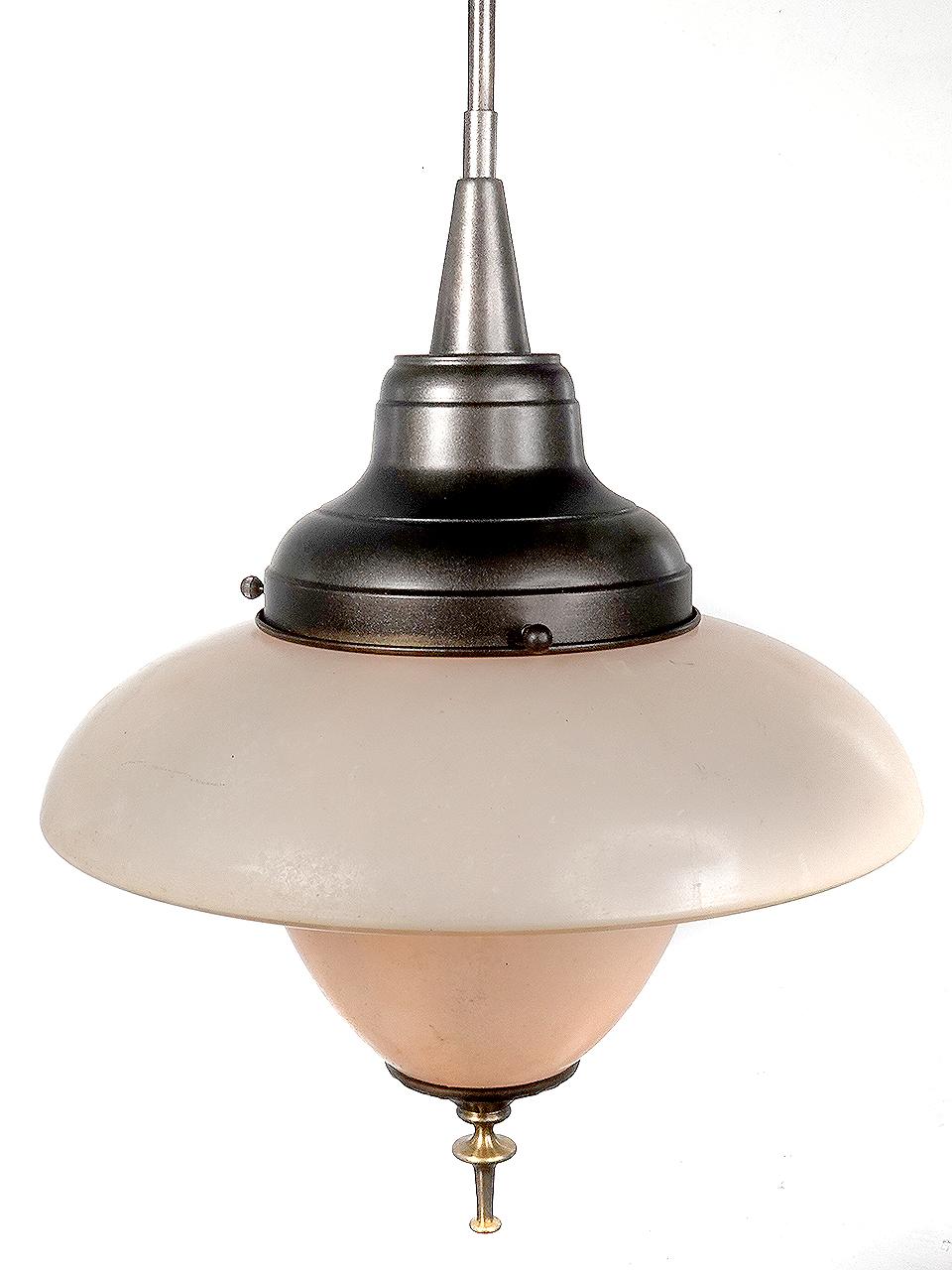 Matching Pair of Frosted with Clear Art Deco Saucer Pendents In Good Condition For Sale In Peekskill, NY