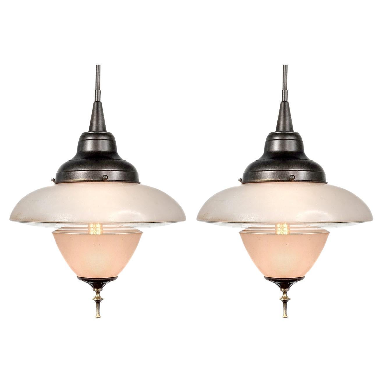 Matching Pair of Frosted with Clear Art Deco Saucer Pendents