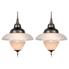 Matching Pair of Frosted with Clear Art Deco Saucer Pendents