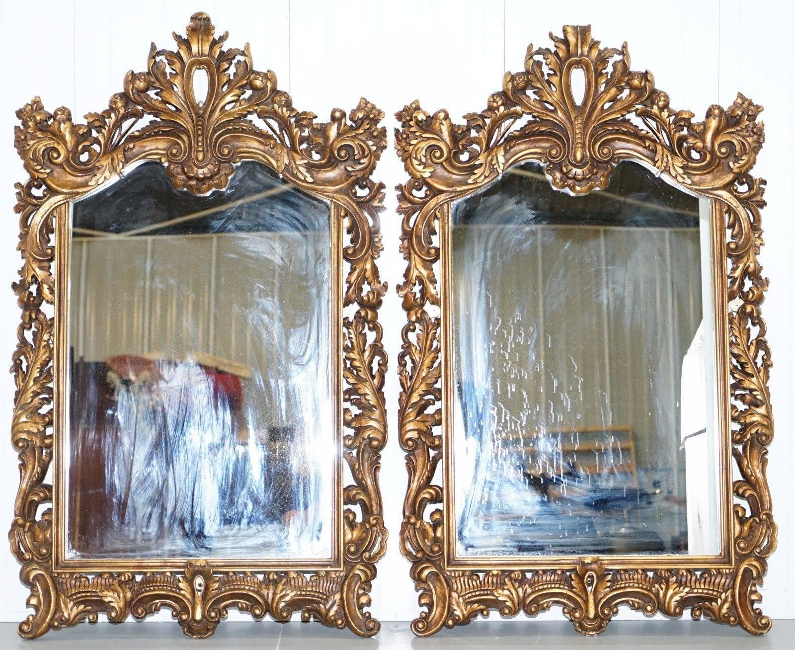 Matching Pair of Hand-Carved French Gold Leaf Painted Large Mirrors Rococo 6
