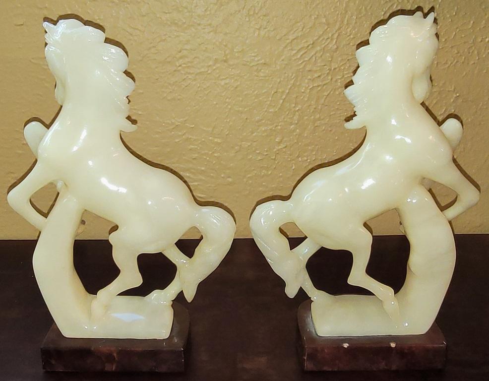 Classical Roman Matching Pair of Handcarved Italian Alabaster Horses For Sale