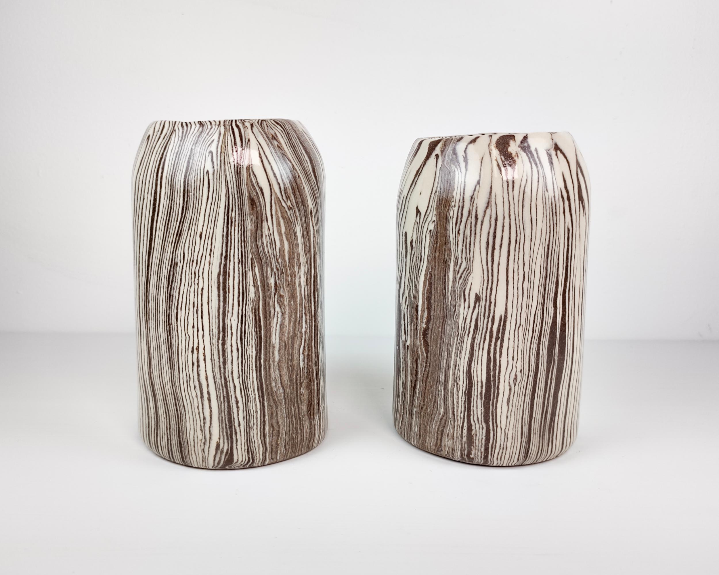 Organic Modern Matching Pair of Handmade Nerikomi 'Vanilla Bean' Vases by Fizzy Ceramics For Sale
