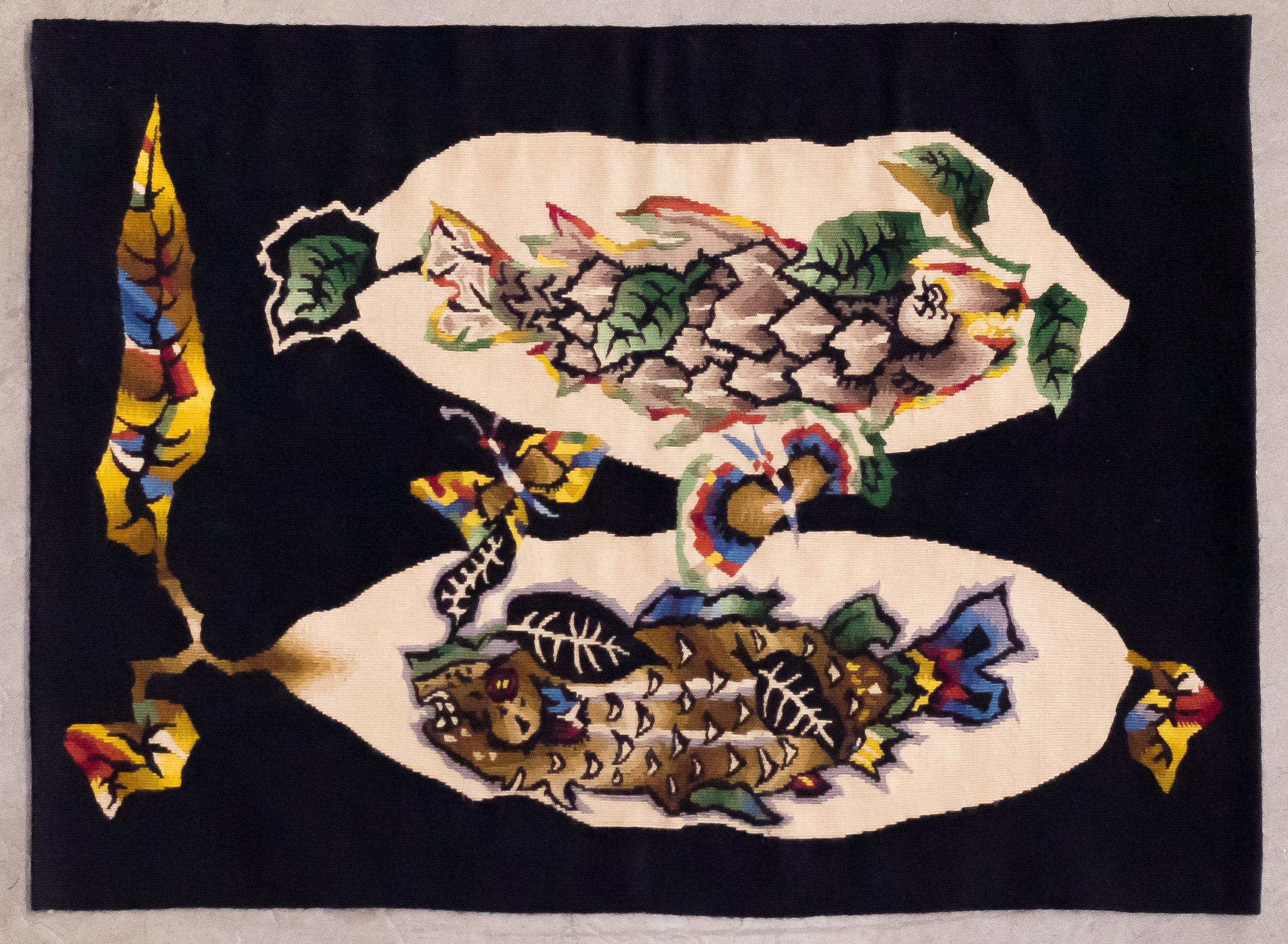 Wandteppiche aus der Mitte des Jahrhunderts, entworfen von Jean Lurcat (1892-1966) und gewebt im Atelier Suzanne Goubely-Gatien in Aubusson, Frankreich. Sie sind aus Wolle handgewebt und stammen aus der Zeit um 1950. Die Rückseiten 