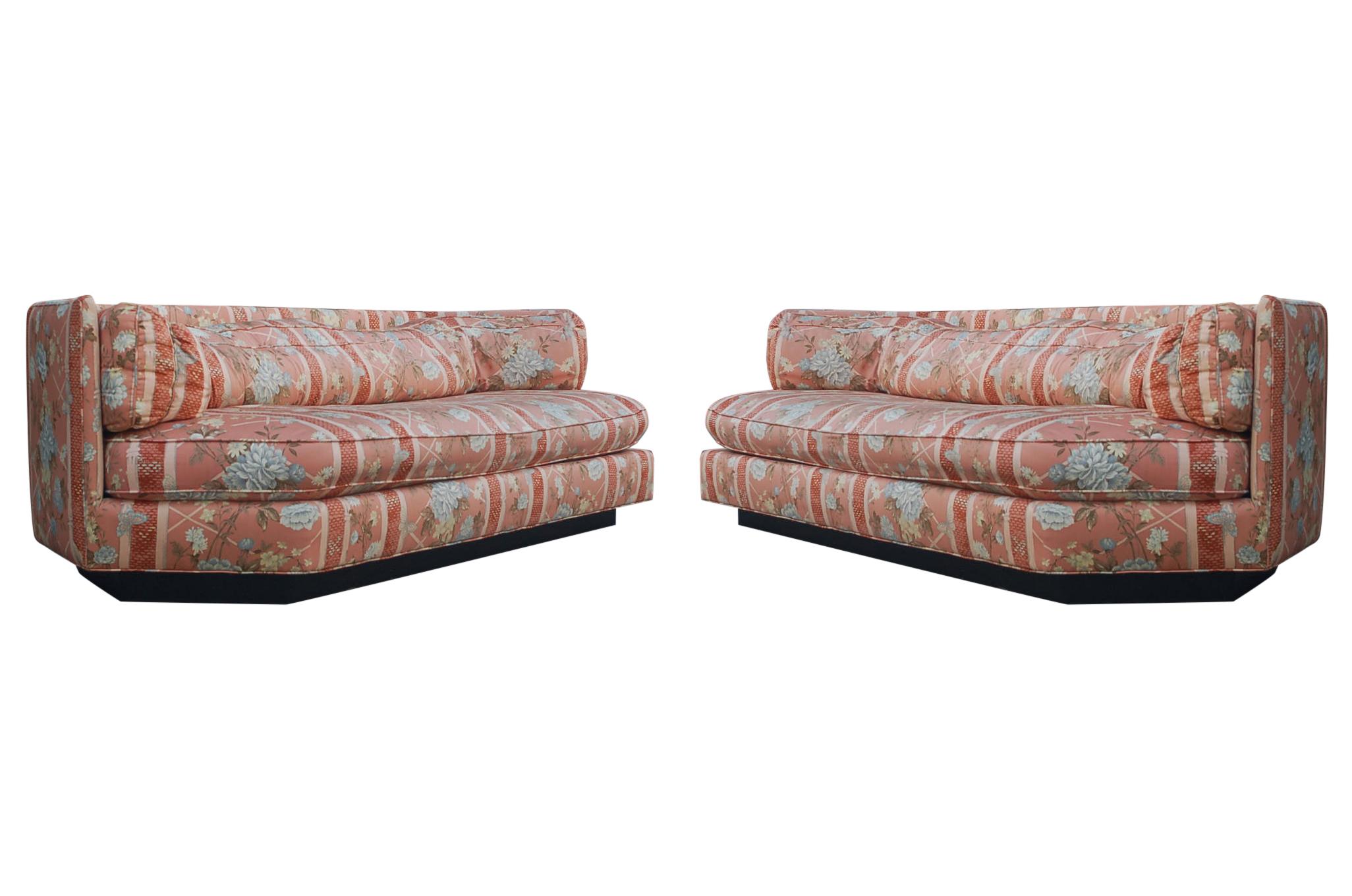 Fabric Matching Pair of Hexagonal Mid-Century Modern Sofas by Bernhardt, Plinth Bases
