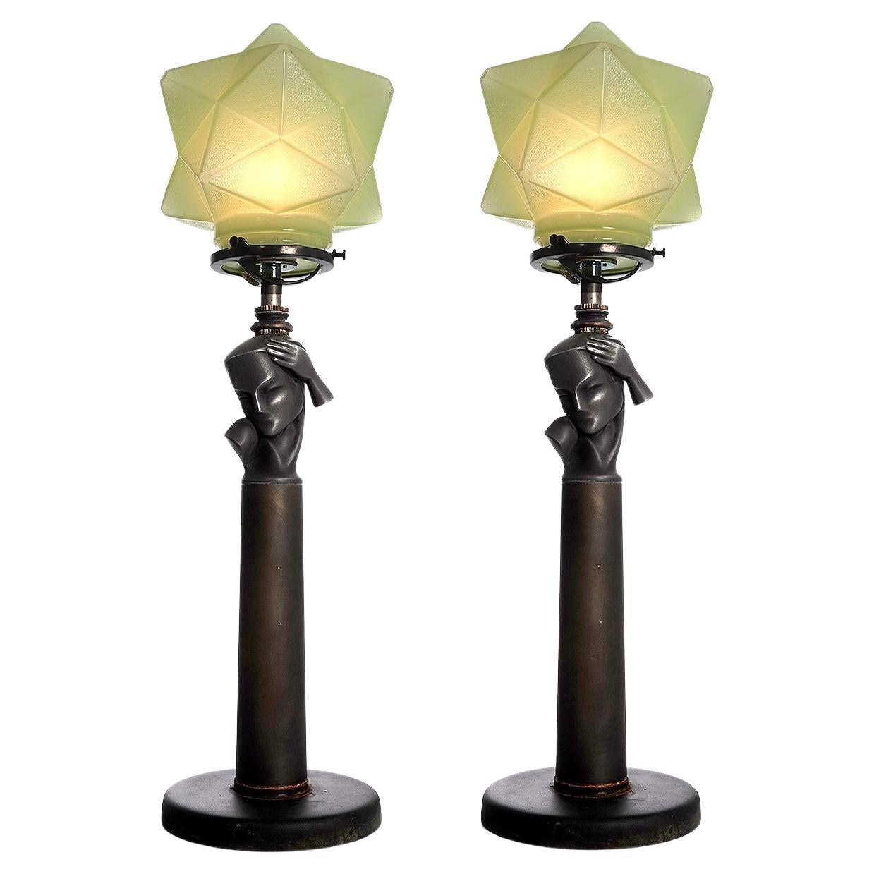Matching Pair of High Style Art Deco Table Lamps For Sale