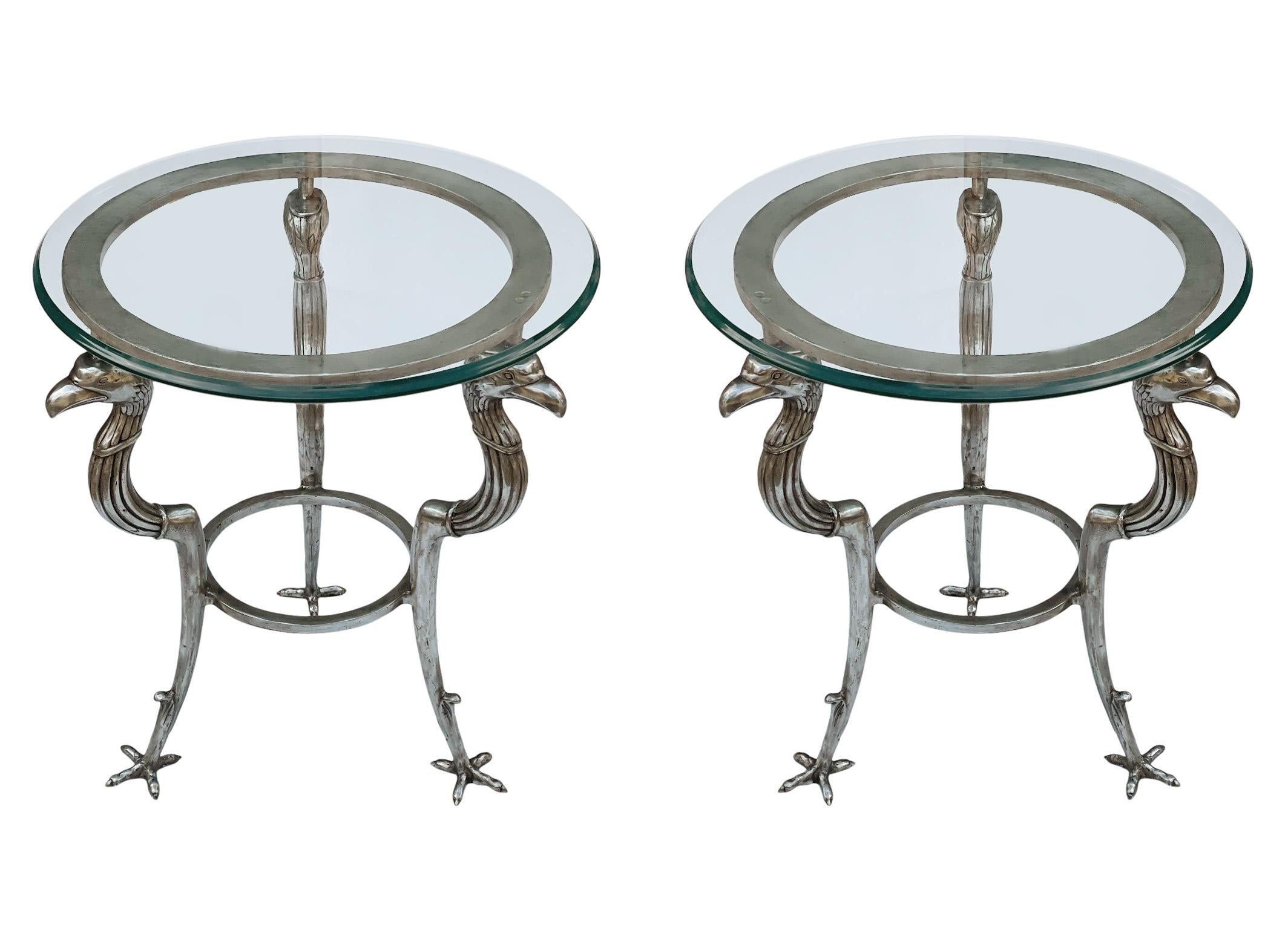 American Matching Pair of Hollywood Regency Glass & Steel End Tables by Maitland Smith For Sale