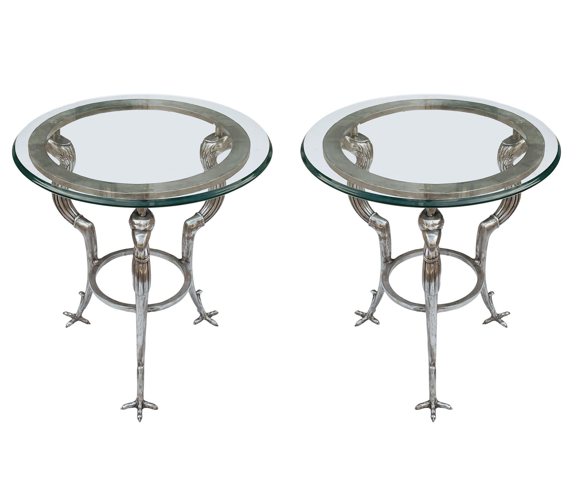 Metal Matching Pair of Hollywood Regency Glass & Steel End Tables by Maitland Smith For Sale