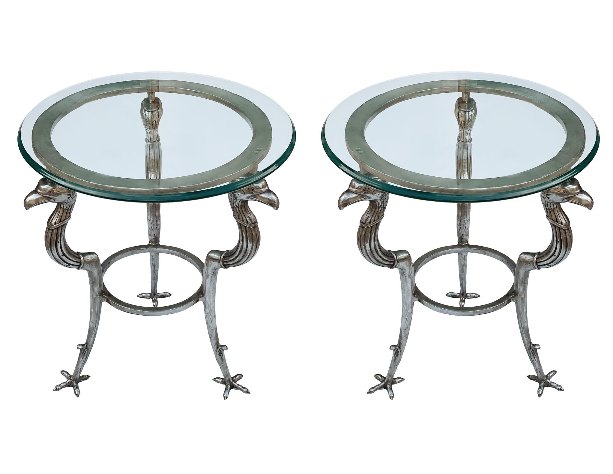 Matching Pair of Hollywood Regency Glass & Steel End Tables by Maitland Smith For Sale 3