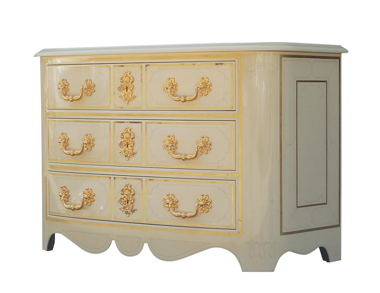 Matching Pair of Italian Ivory White Lacquer Commodes or Chests with Gold Leaf 6