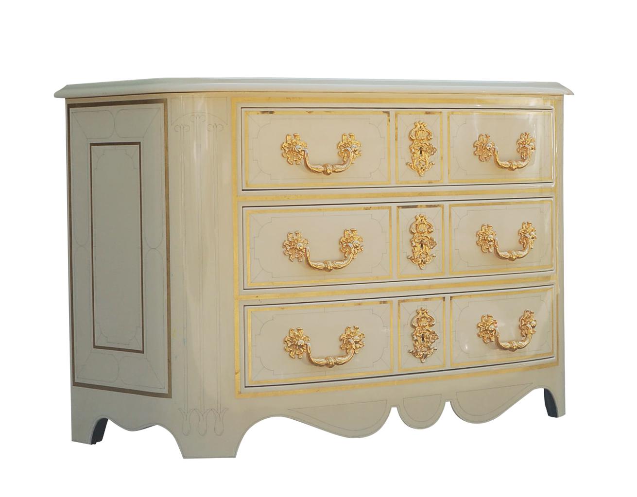 A fine and stunning high quality set of commodes, made in Italy, circa 1970s. The chests feature, ivory white gloss lacquer, gold leaf inlay, gold-plated hardware, and velvet lined drawers.