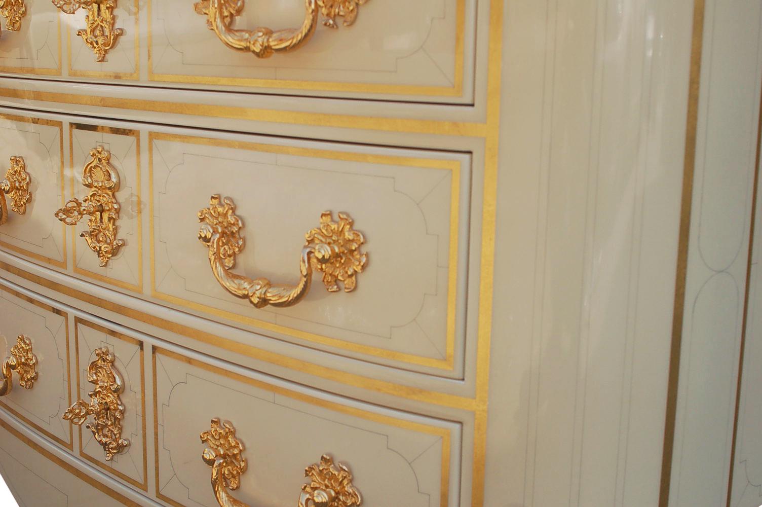 Neoclassical Matching Pair of Italian Ivory White Lacquer Commodes or Chests with Gold Leaf
